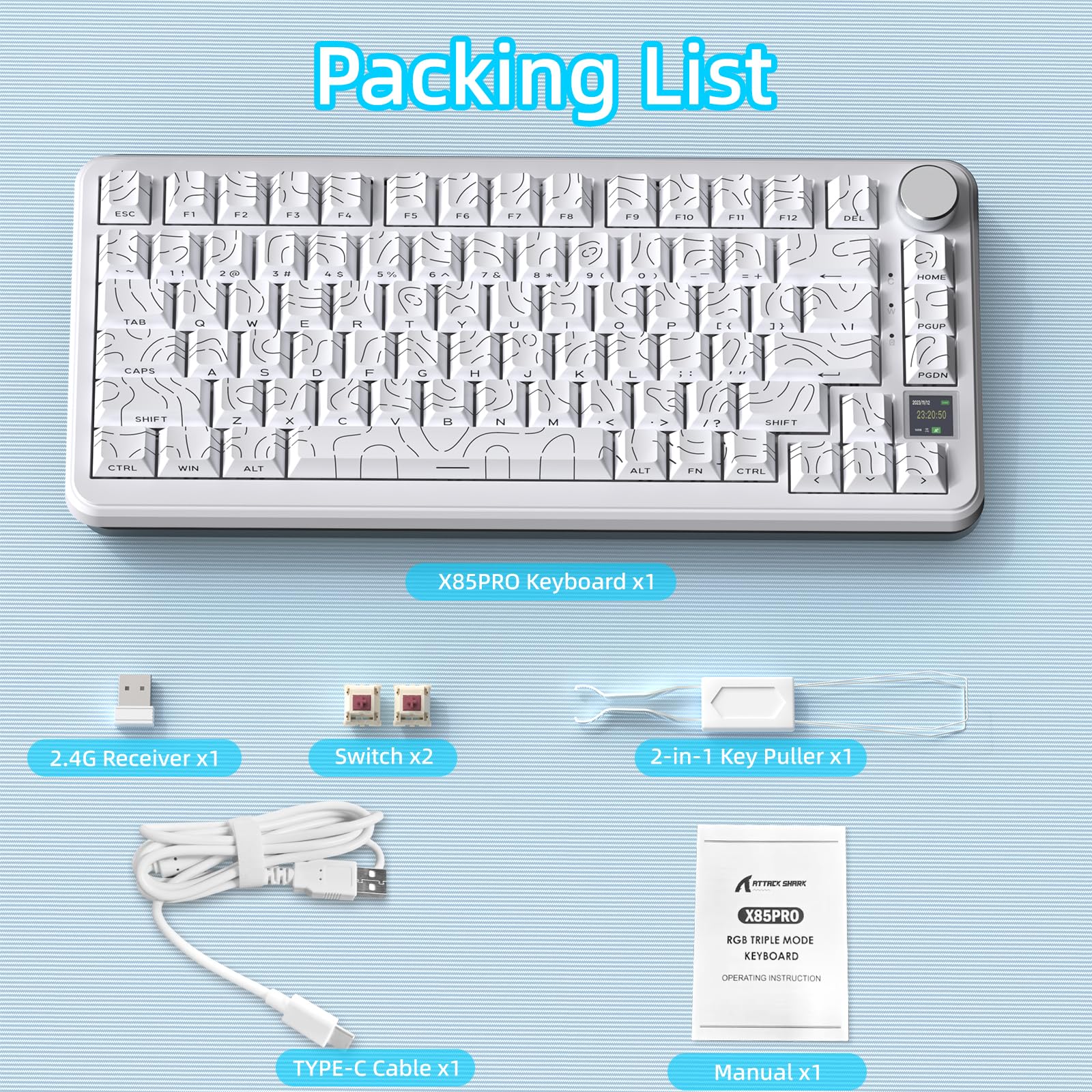 ATTACK SHARK X85PRO Tastiera Meccanica Wireless con Display TFT e Manopola, Tastiera da Gioco Montata su Guarnizione 75% QMK, 2.4G/BT/USB-C Cablata, Sostituibile a Caldo,4000mAh,RGB (Bianco)