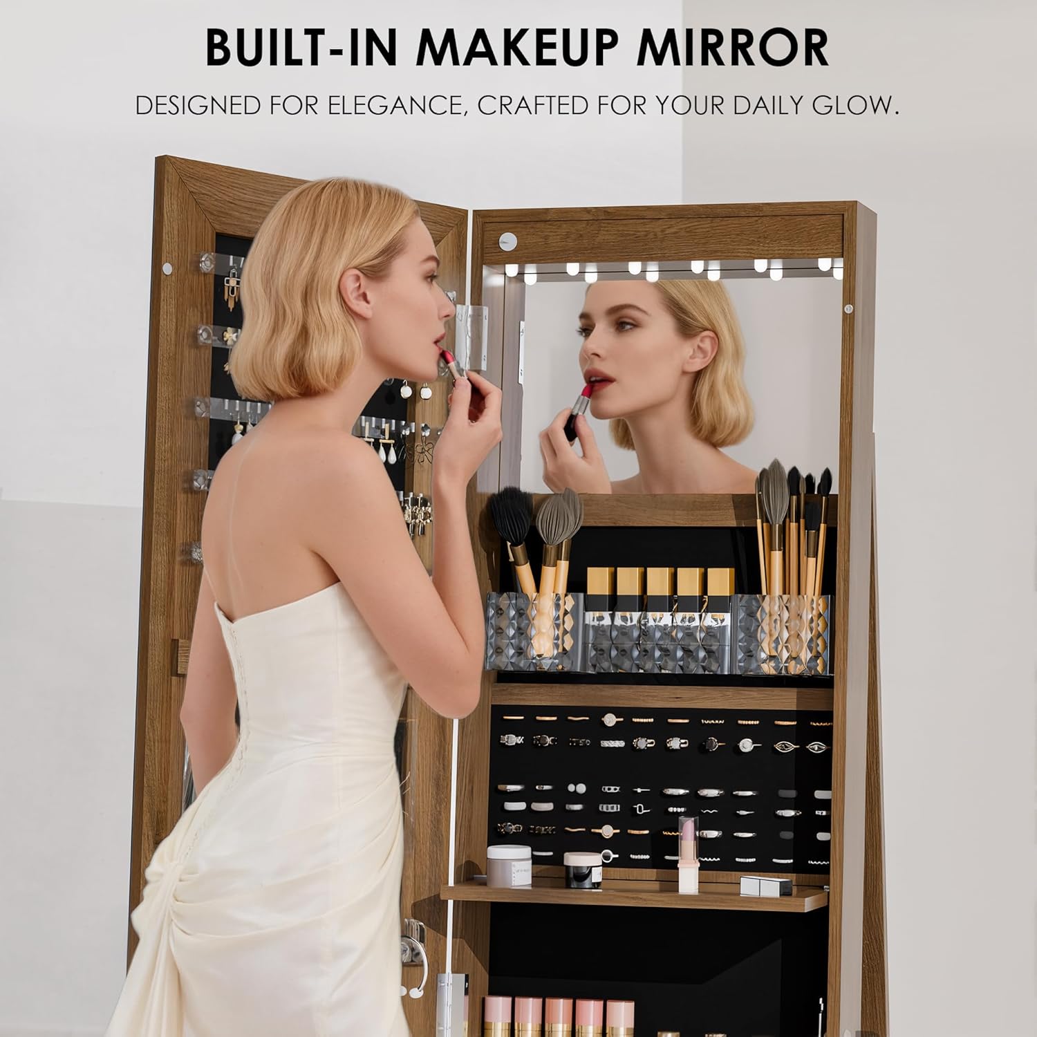Zamildon's 360° Swivel Jewelry Mirror Cabinet, Lockable Standing Jewelry Armoire with Full Length Mirror, Storage Shelves, Built-in Makeup Mirror (Rustic Brown)