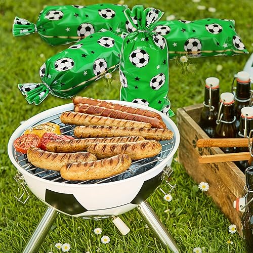 Miniatura 5 de Blulu 100 bolsas de regalo de fútbol, celofán de fútbol, regalos de fiesta de celofán con calor sellables con 100 lazos plateados (verde)