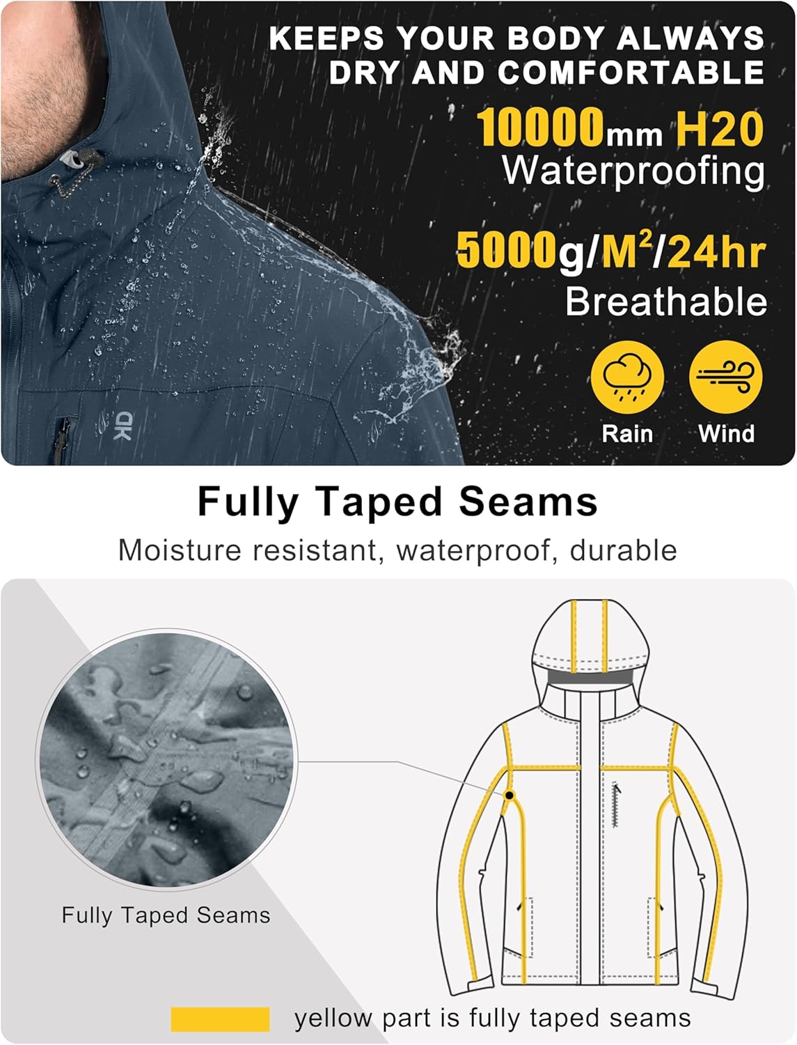 Little Donkey Andy Men's Rain Hiking Jackets Waterproof Windproof Breathable Shell Coats Travel Fishing