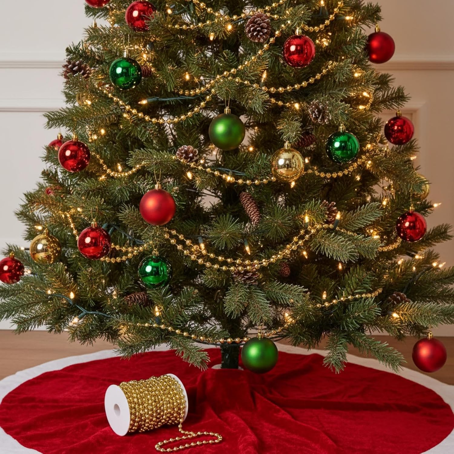 WILLBOND 50ft Christmas Beads Garland Artificial Pearl String Roll,Gold