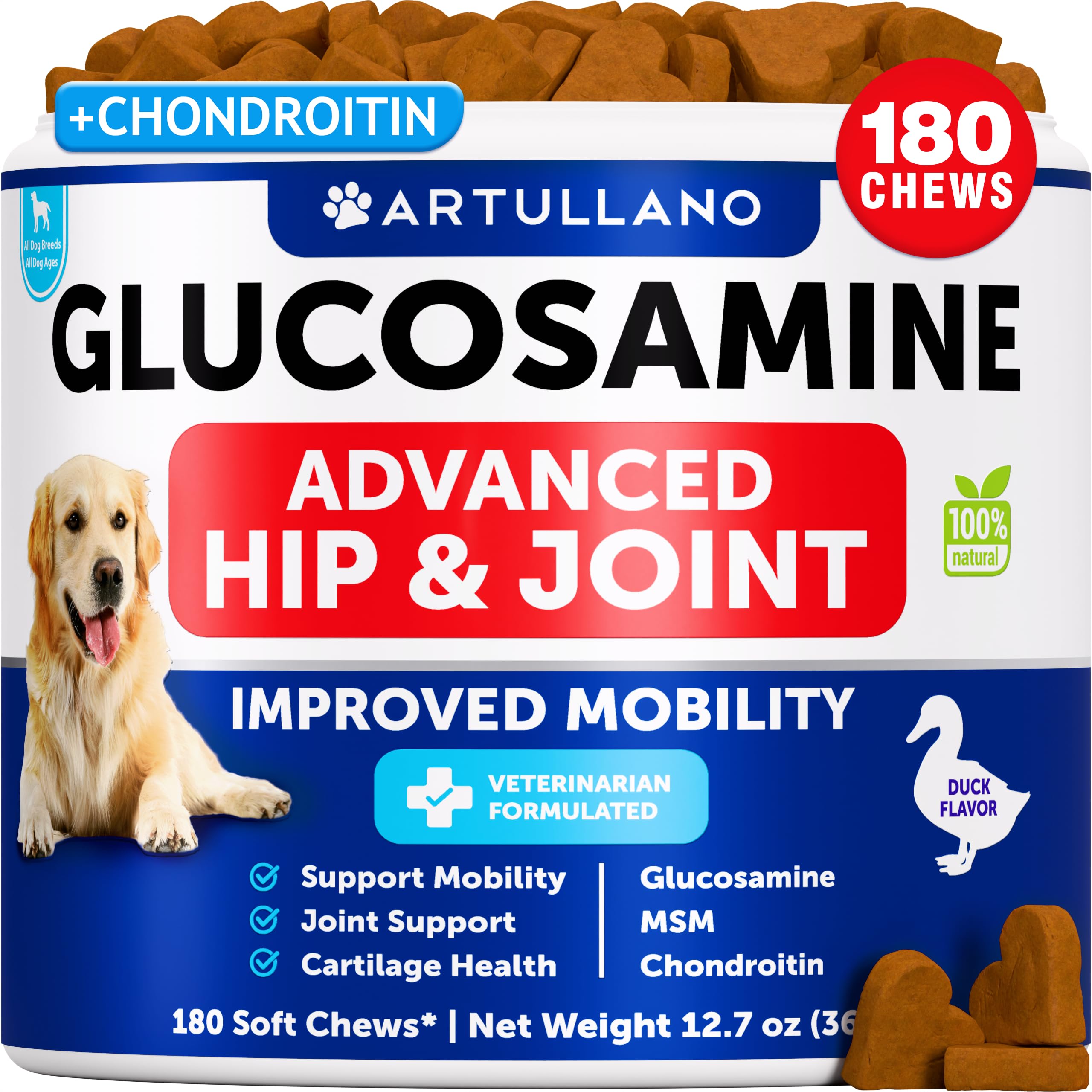 Glucosamine for Dogs - Hip and Joint Supplement for Dogs with Arthritis - Chews with Chondroitin, Hemp Oil, MSM - Canine Joint Pain Relief Health - Mobility Support for Large Breeds - 180 Soft Treats