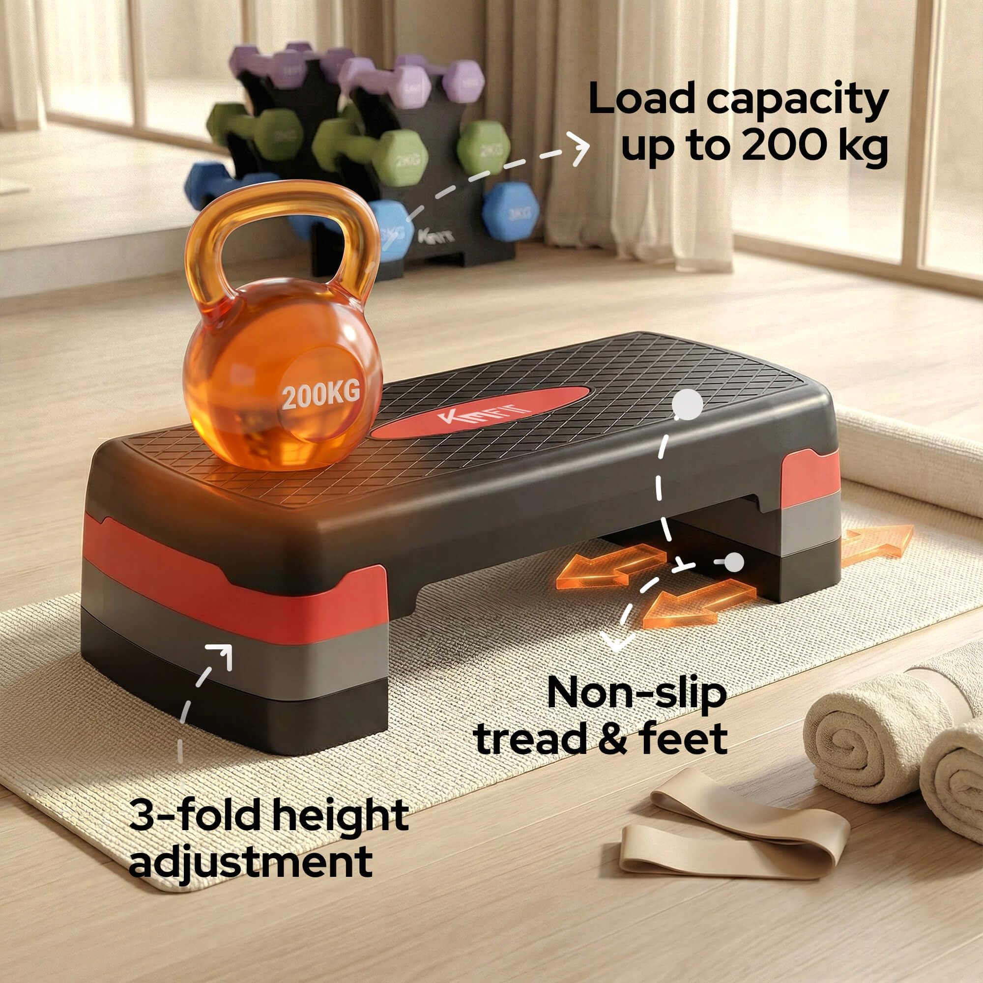 KM-Fit Fitness Stepper Aerobic Step-Bench regolabile 3 posizioni 200 kg con tappetino antiscivolo
