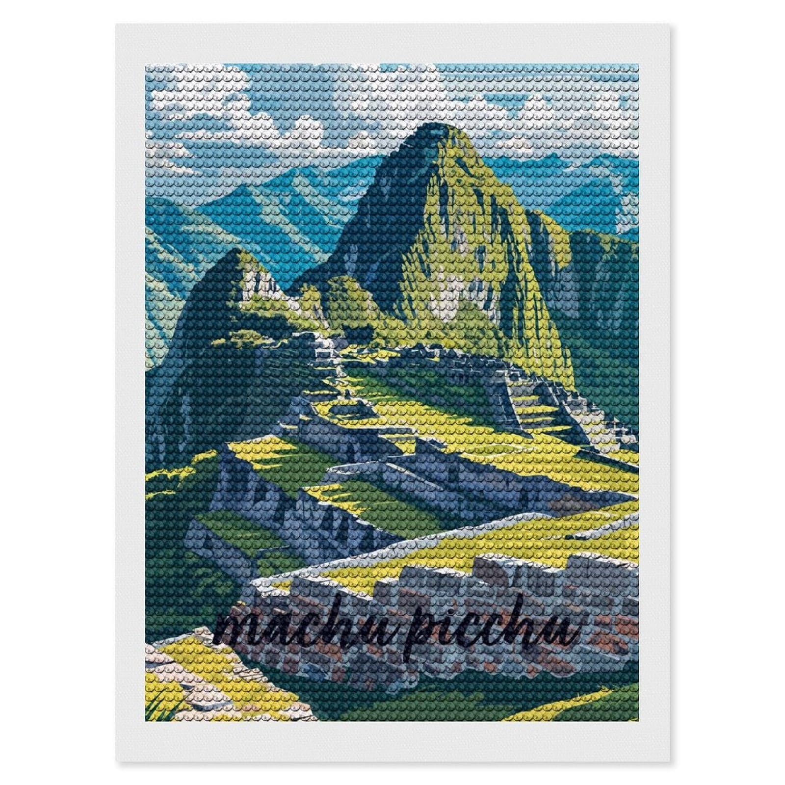 Junmoney Machu Picchu Landscape Illustration Diamond Painting Canvas Set 12"x16", Full Kit Included, Calming Craft to Unwind, Farmhouse Decor, Christmas Gift