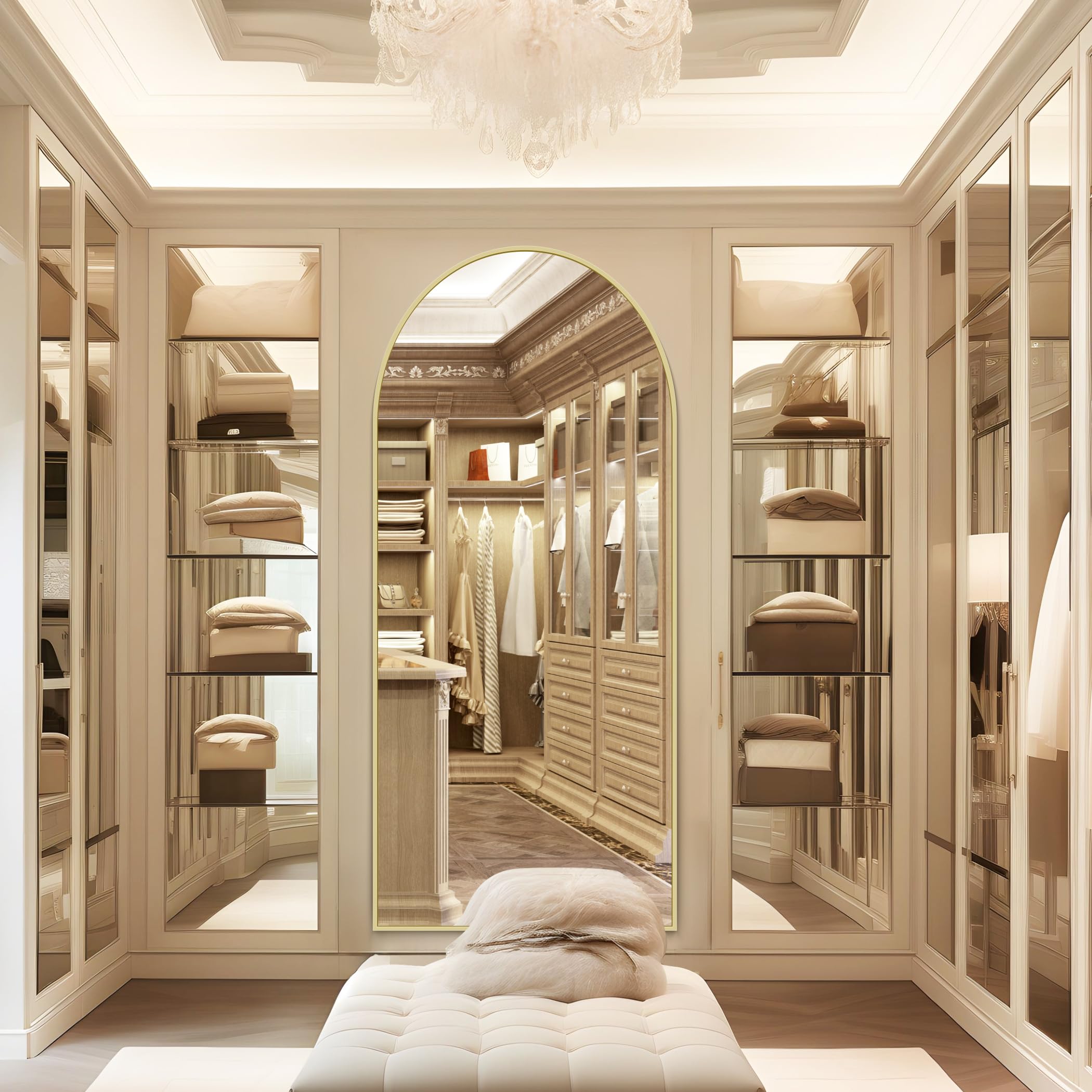 NASSYOU Specchio da Terra, 192 x 85 cm Specchio ad Arco con Cornice in Alluminio Oro per Bagno, Camera da Letto, Ingresso e Corridoio