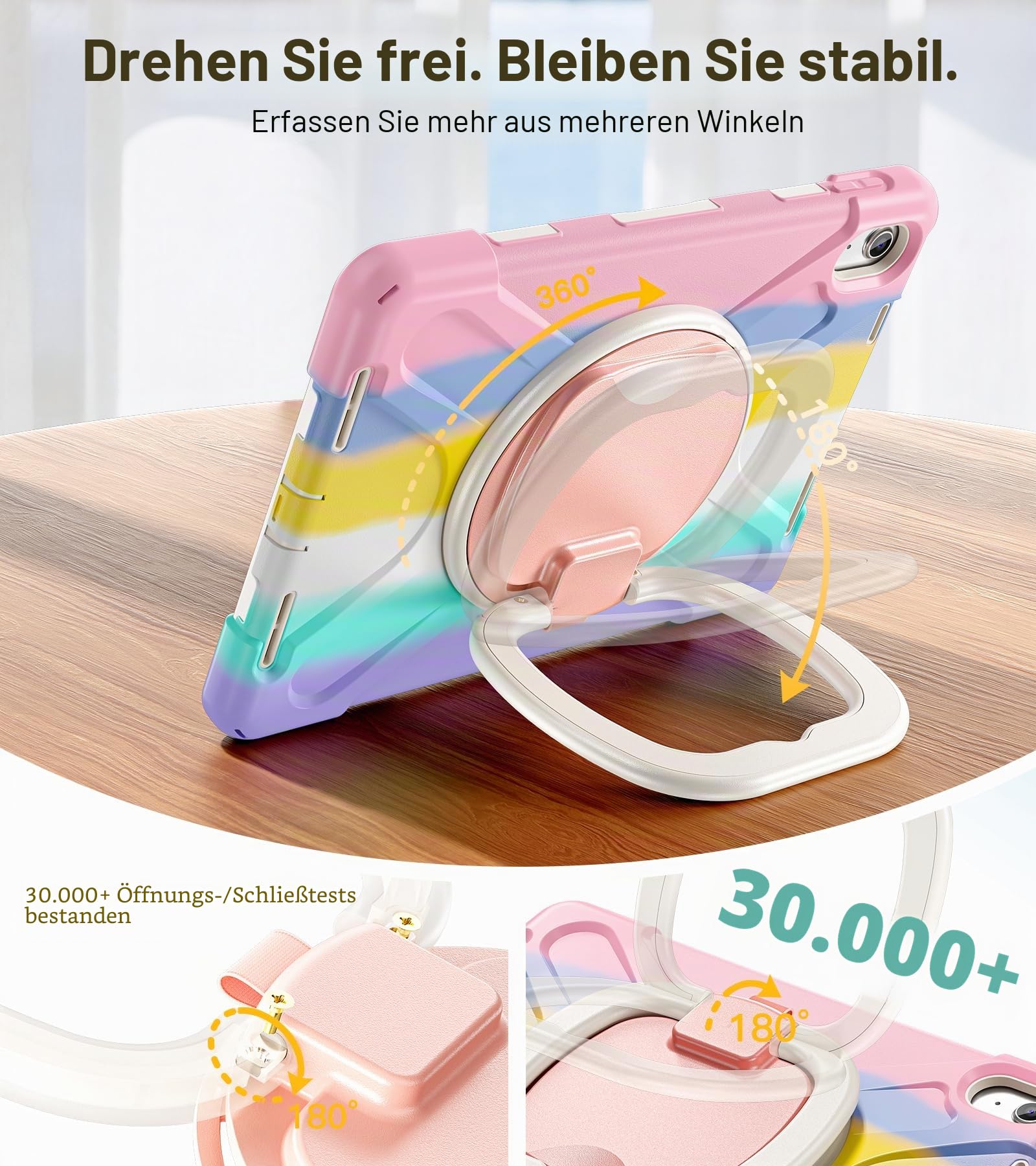 BRAECN Schutzhülle für iPad 10. Generation 2022 27.7 cm (10 Zoll) A2696 A2757 A2777, robuste Silikonhülle mit drehbarem Ringständer, stabiler Ständer, Schultergurt, Displayschutzfolie, buntes Pink