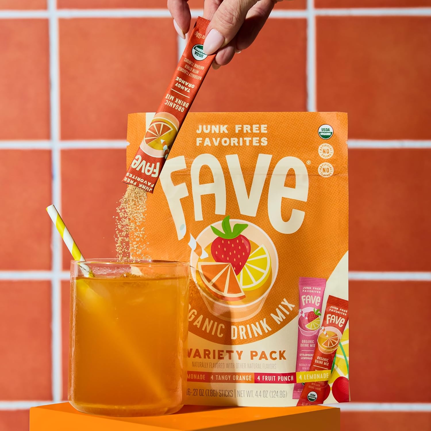FAVE USDA Organic Drink Mix Variety Pack, 16 Stick Pouch | Lemonade, Strawberry Lemonade, Fruit Punch & Tangy Orange | No Artificial Colors or Flavors, Non-GMO