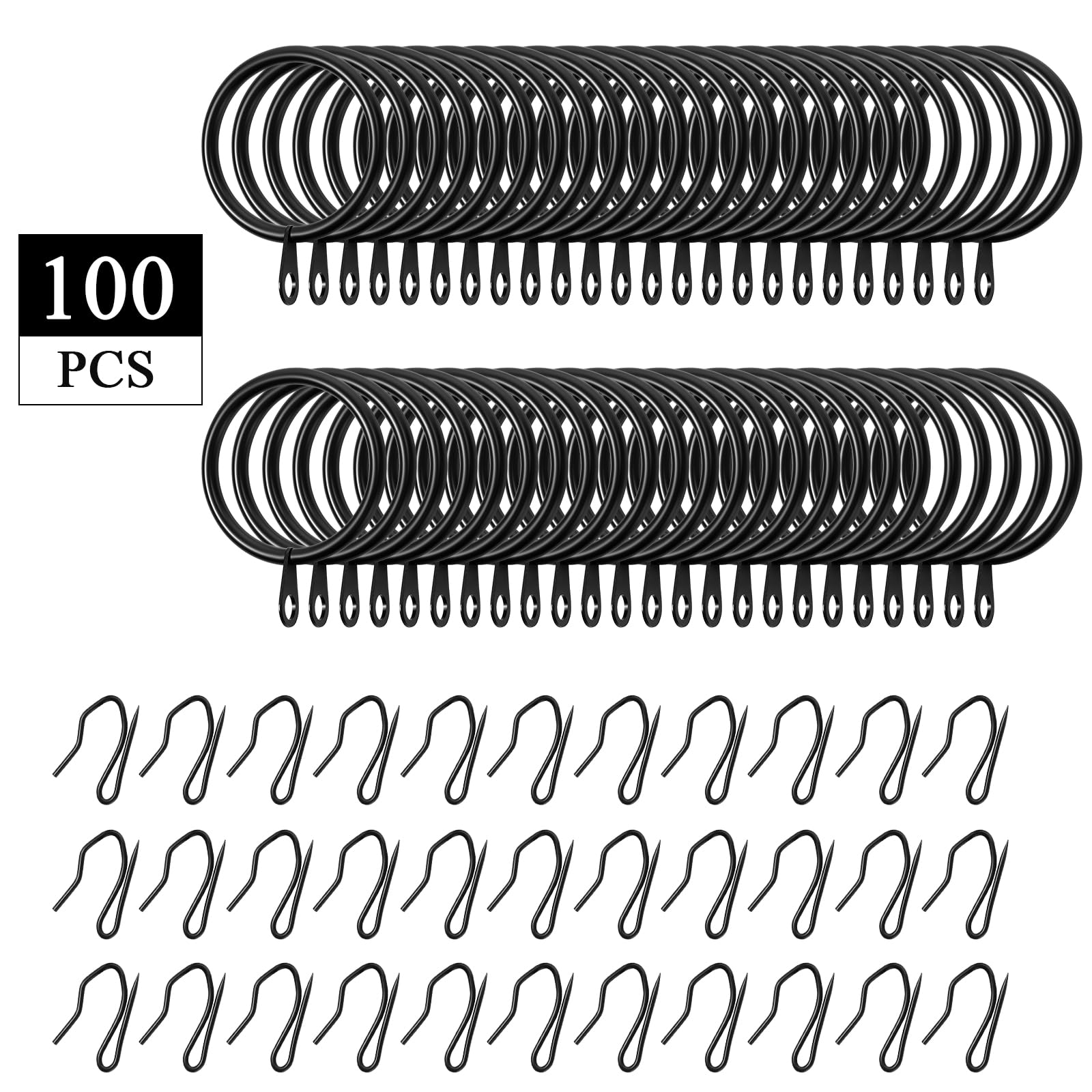 Qunclay Lot de 100 Anneaux de Rideaux en Métal, Accroche Rideau, Crochet pour Rideaux avec Œillets pour Fenêtre, Porte de Douche, Anneaux de Rideau de Douche (Noir, 4,1 cm)