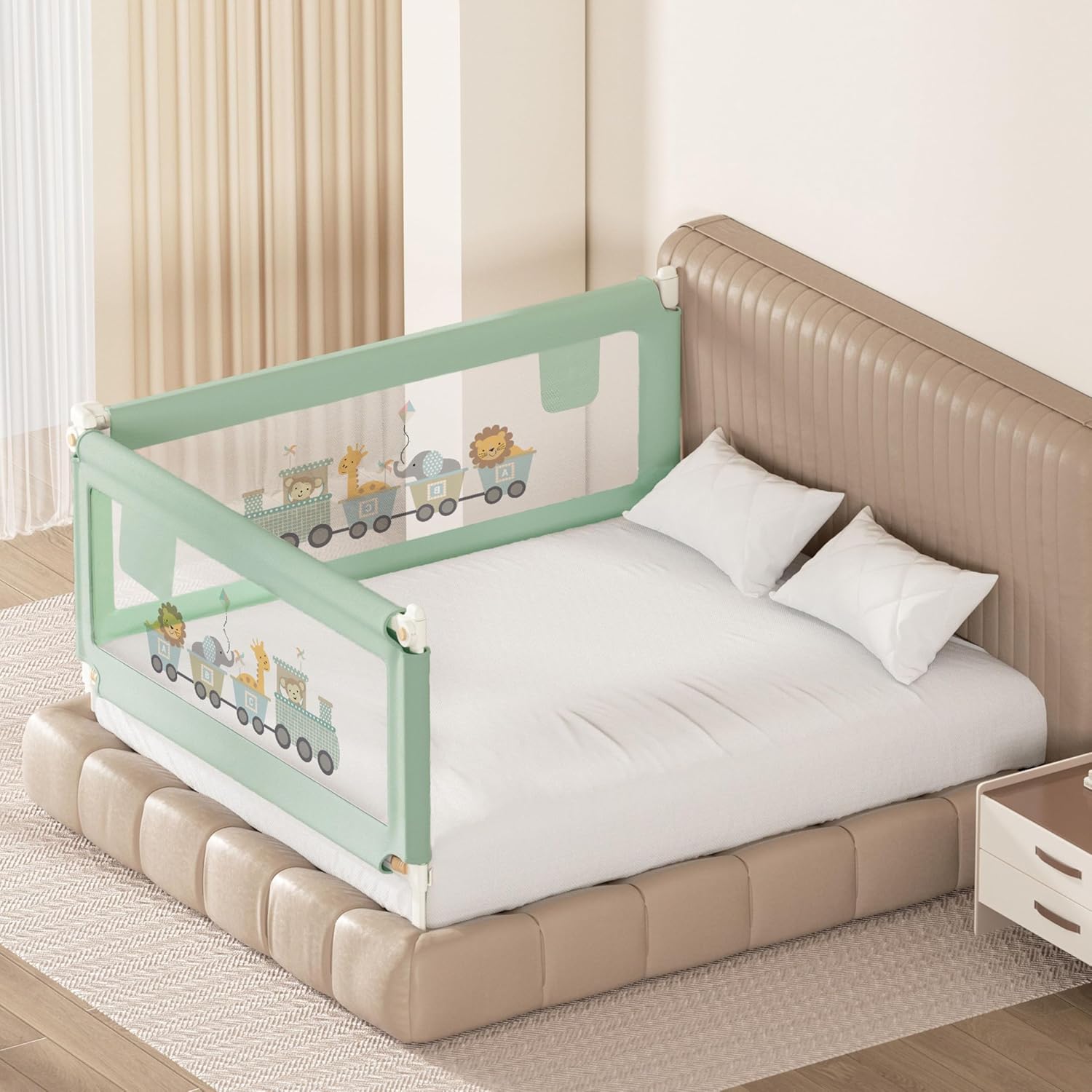 Kids Station Baby Bed Rail Guard for Kids & Toddler Safety, 180cm x 80cm, Baby Safety, Adjustable Height, Foldable Safeguard for King Size Bed (6’0″ x 6’0″, 2 Side, Green,Printed with Pocket) Kids Station Baby Bed Rail Guard for Kids & Toddler Safety, 180cm x 80cm, Baby Safety, Adjustable Height, Foldable Safeguard for King Size Bed (6’0″ x 6’0″, 2 Side, Green,Printed with Pocket)