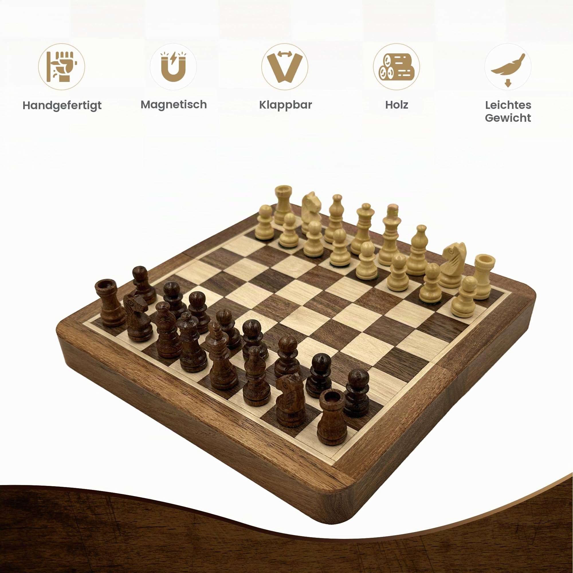 Personalisiertes Schachspiel, Magnetisches Schachbrett und Figuren, faltbares Schachbrett, tragbares Schachspiel mit integriertem Stauraum, handgefertigt (30 cm)