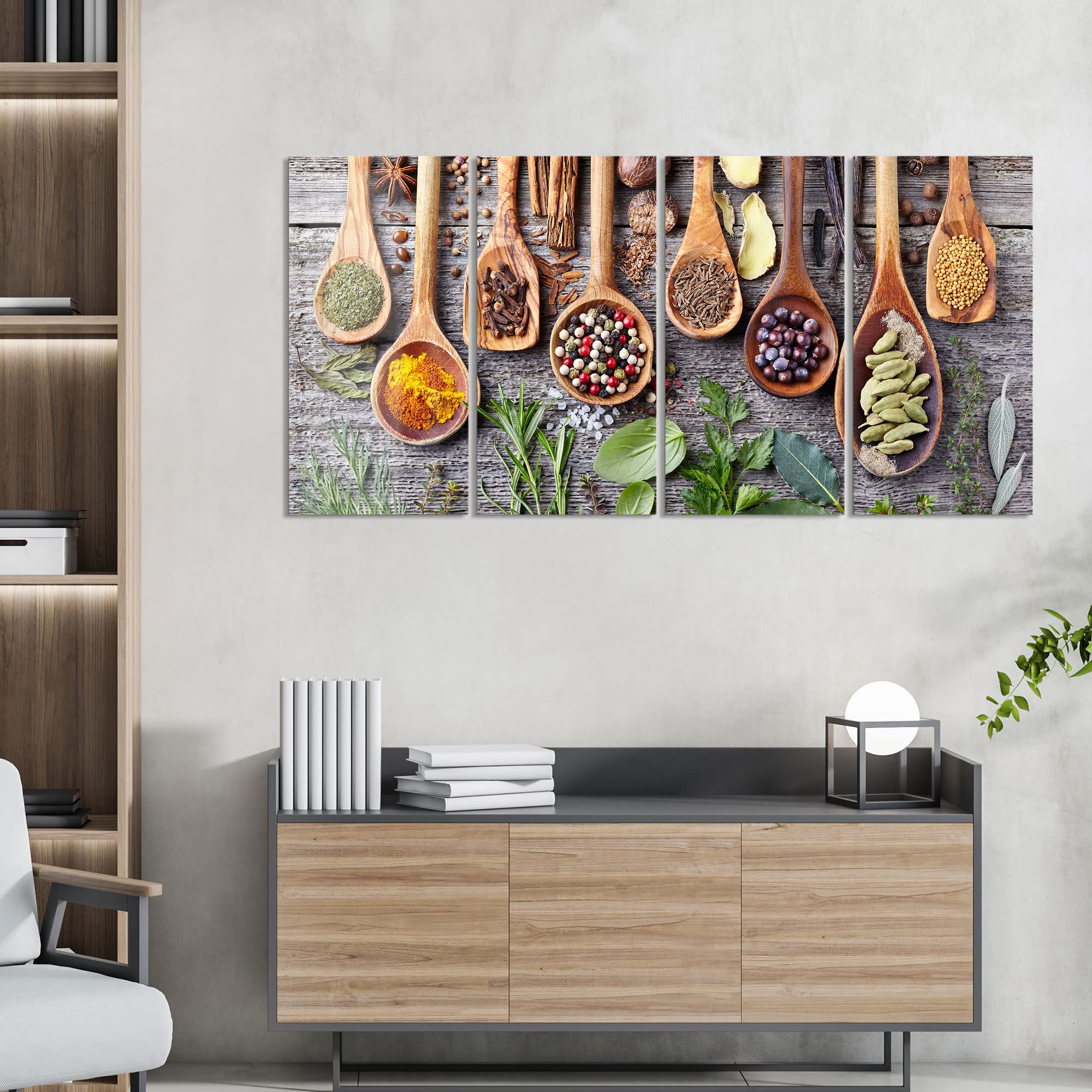 DEQORI Obrazy na szkle z prawdziwego szkła, motyw: dekoracyjne łyżki kuchenne, poziome, 4-częściowe, 120 x 60 cm, duża dekoracja XXL, obrazy ścienne do salonu, sypialni, korytarza i kuchni, nowoczesna dekoracja ścienna