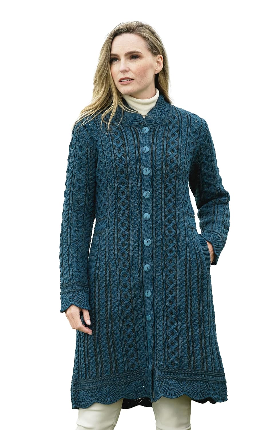Aran Crafts Womens Cable Knit Long Button Cardigan Coat 100 Merino Wool