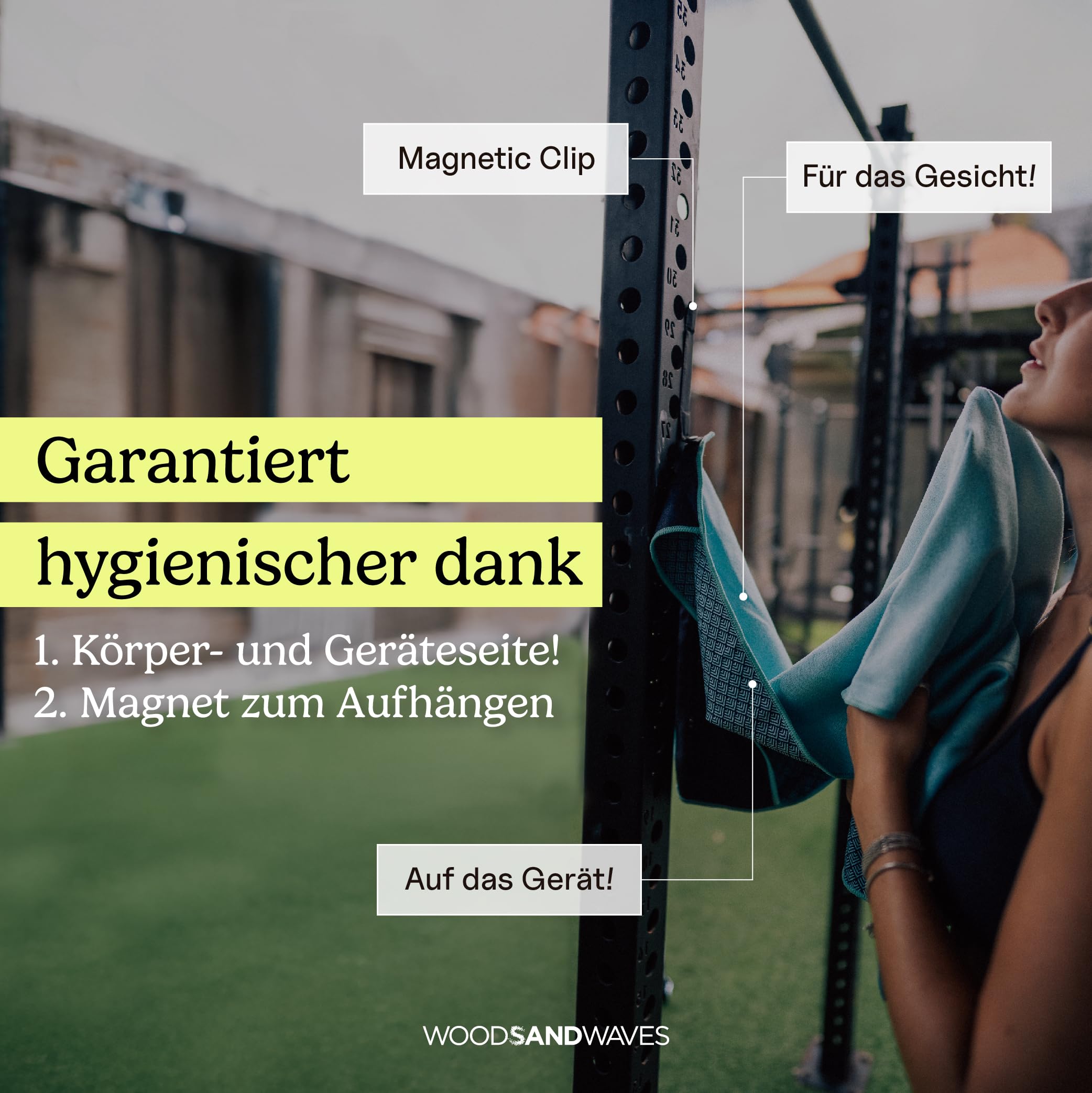 WOODSANDWAVES Ręcznik sportowy do siłowni z zamkiem błyskawicznym i torbą z magnesem – szybkoschnący i antypoślizgowy – ręcznik z mikrofibry do fitness, sportu, siłowni – ręcznik do siłowni i