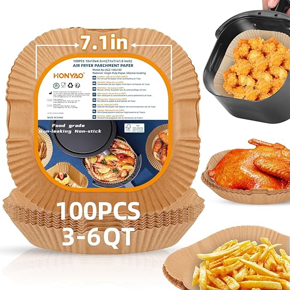 Air Fryer Paper Liners for 3-6 Qt, 7.1 x 7.1 inch Thickened Square Disposable Parchment Liner