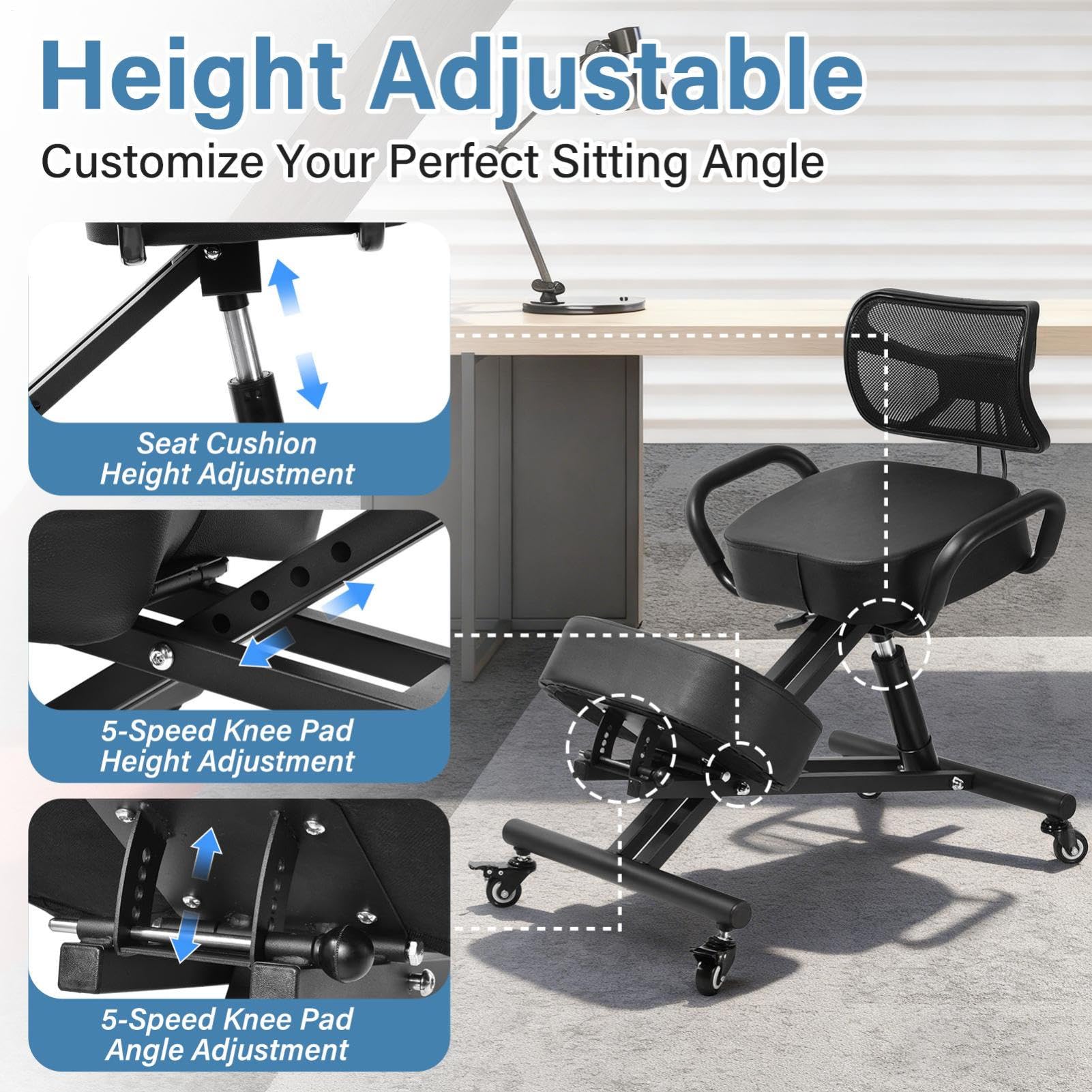 Generisch Chaise genoux, ergonomique, réglable, avec repose-pieds, 4 positions d'angle et plage de hauteur de 57 à 67 cm, assise confortable, jusqu'à 100 kg, tabouret pour adultes et enfants