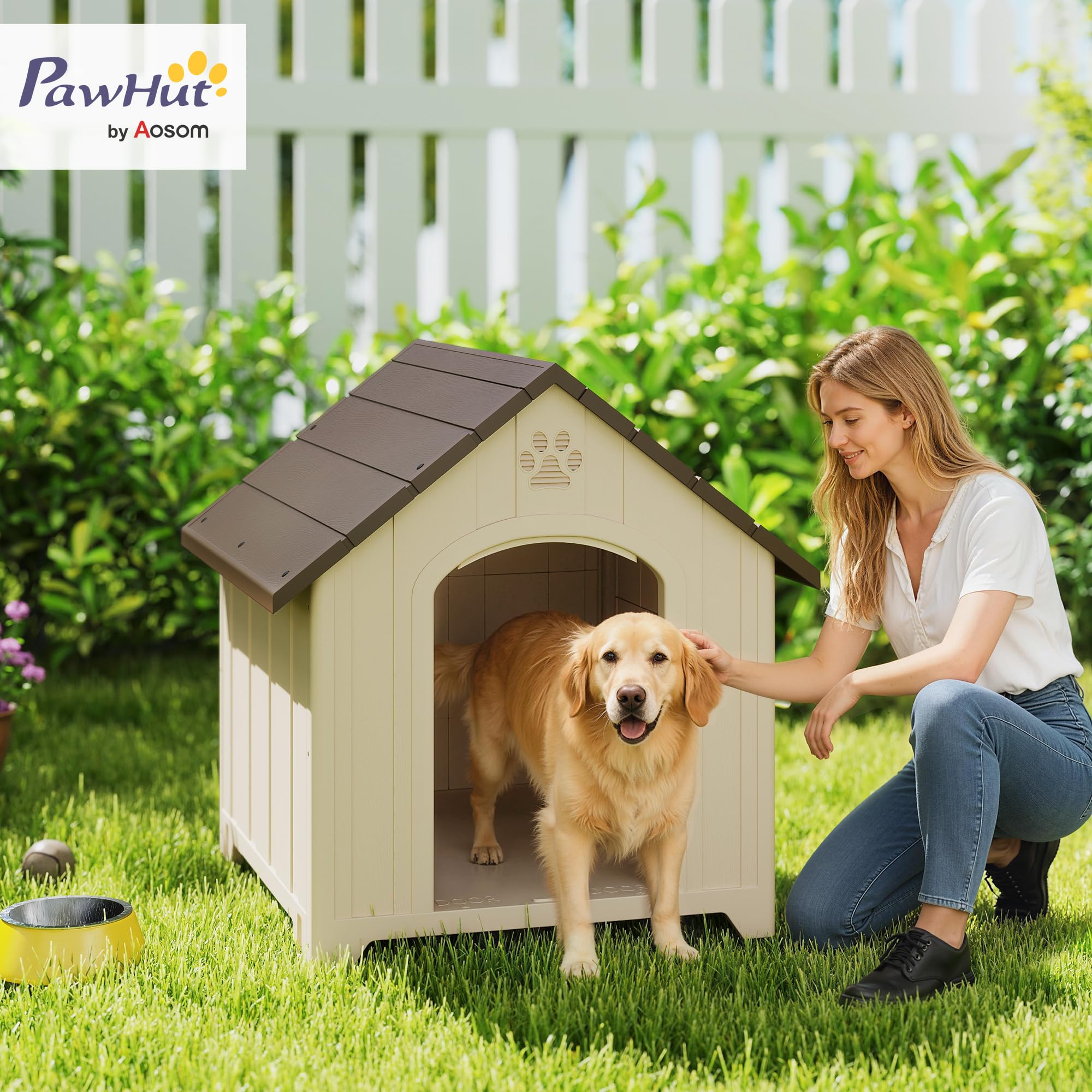 PawHut Cuccia per Cani da Esterno, Taglia Media Grande, Casetta per Cani in Plastica Impermeabile con Base Rialzata, Finestre e Tetto Spiovente per Giardino, Patio, Terrazza, Casa, 88x78x89 cm, Beige