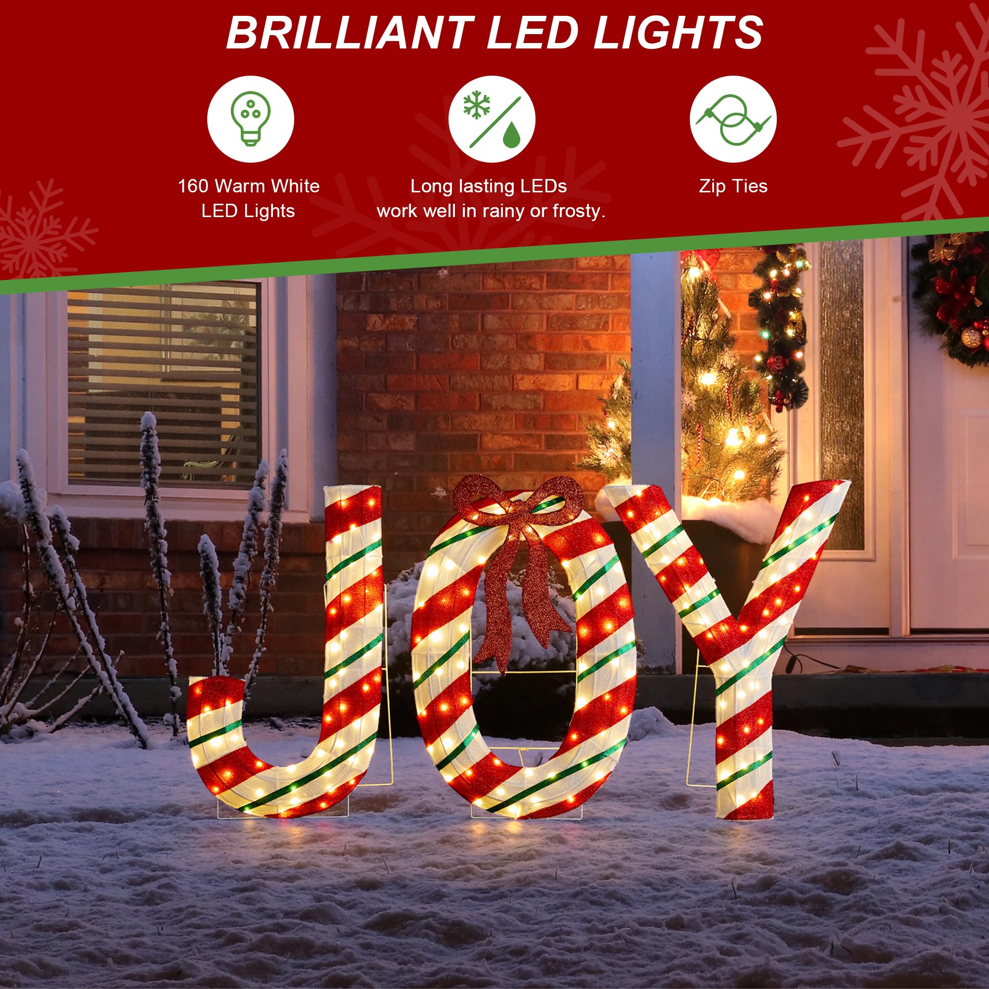 Glitzhome Joy Décoration de Noël Lumineuse avec 160 LED Blanc Chaud, Lettres en Tissu à Rayures en Sucre d'orge, Grand Panneau Festif pour Vacances, Porche, pelouse