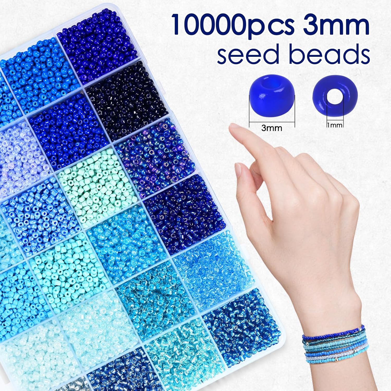 Vtssvow 3mm Glass Seed Beads for Bracelets Making, 24 Colors 10000pcs Friendship Bracelet Making Kit, Small Glass Beads for Jewelry Making (Mix 24 Color, Blue) - Image 3