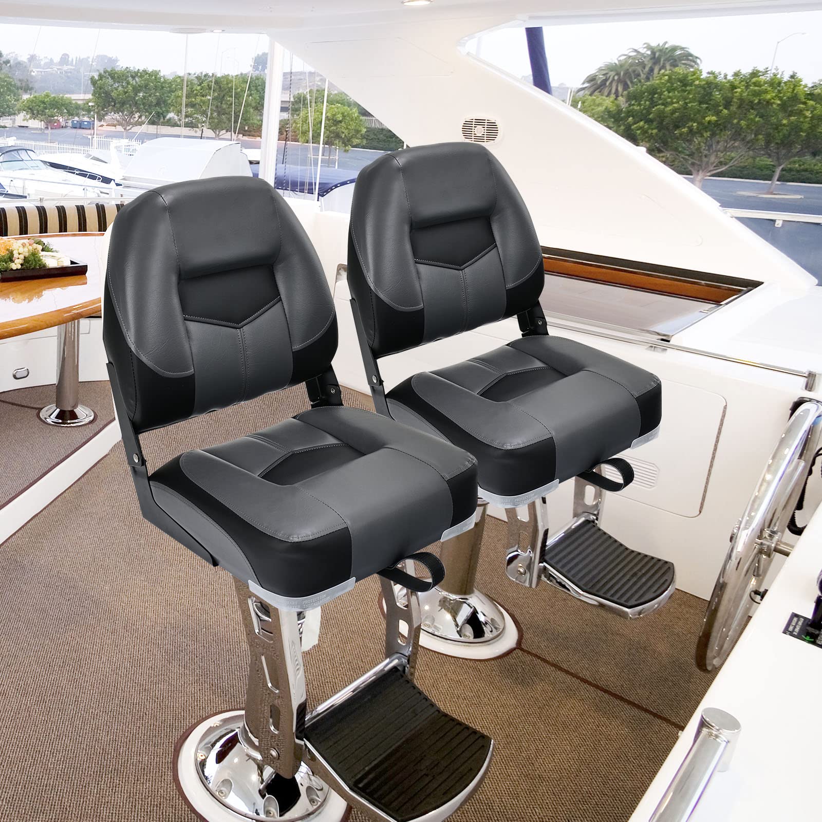GOPLUS Juego de 2 Asientos de Barco, Silla Plegable para Barco Impermeable, Asiento Yate Ergonómico con Correas y Tornillos de Fijación, 42 x 50 x 52 cm, para Pescar, Pilotaje, Barco de Pesca (Negro)