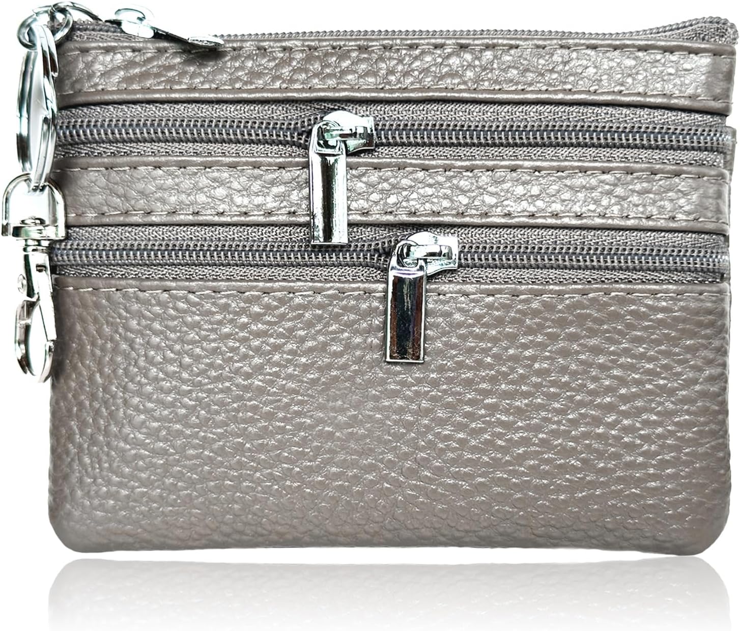 iToolai Genuine Leather Small Coin Purse Pouch Mini Wallet with Zipper Keychain for Women(3.54 x 4.33 inch, Gray)