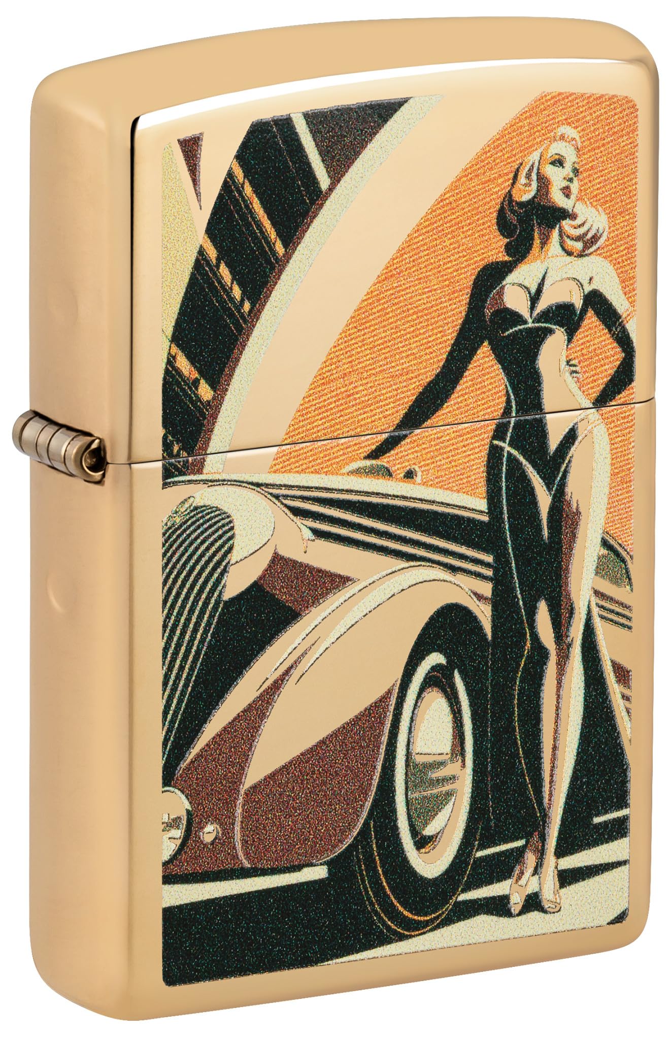 Zippo Sturmfeuerzeug - Vintage Car and Woman Design - Gold - High Polish Brass - Colour Image - Nachfüllbar - Windfest - Geschenkbox - Made in USA