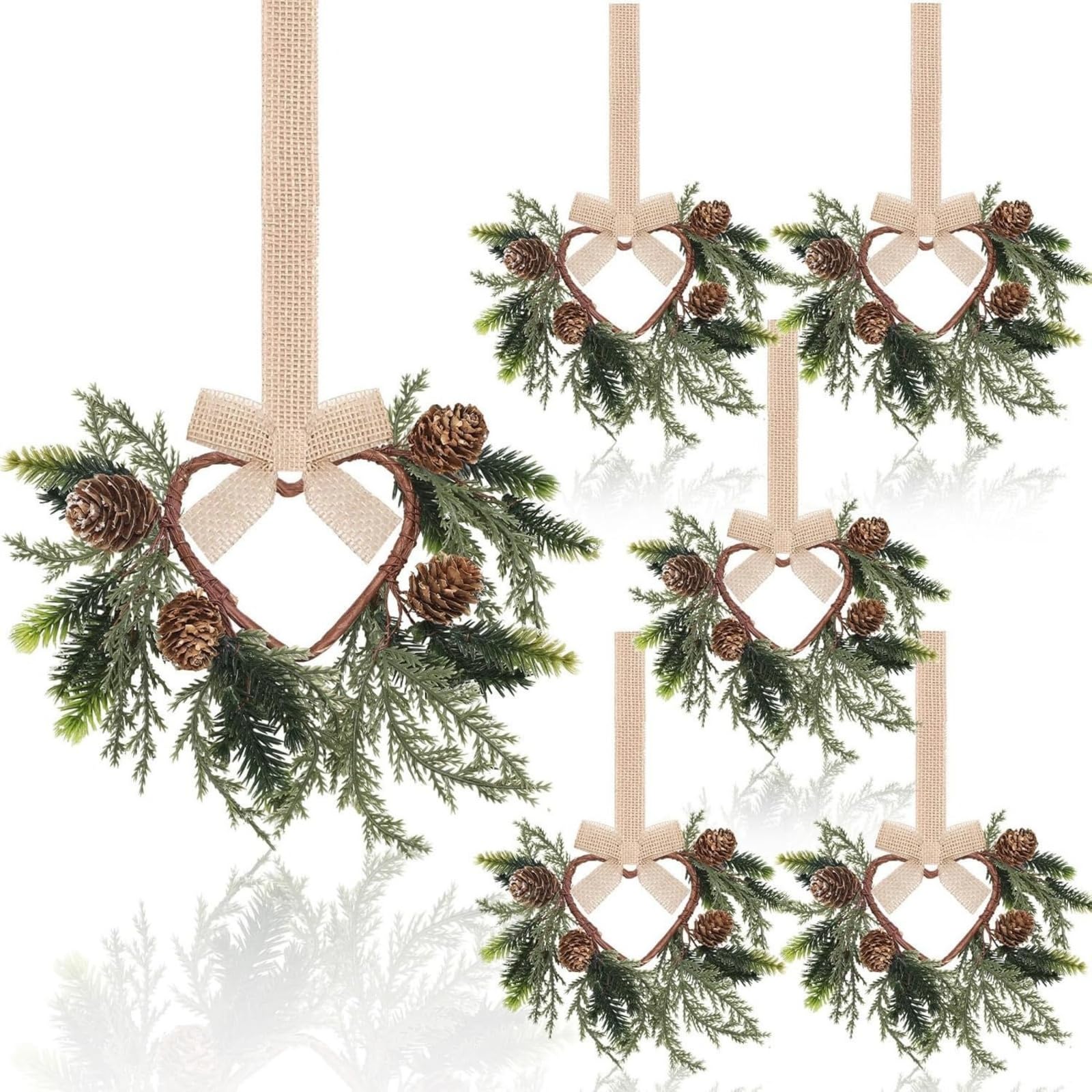 6 Pcs 6"Mini Christmas Wreaths for Kitchen Cabinets, Christmas Door Decorations Wreath with Ribbon Bows Red Berry, for Front Door Window Chair Fireplace Decor (E-6pcs)