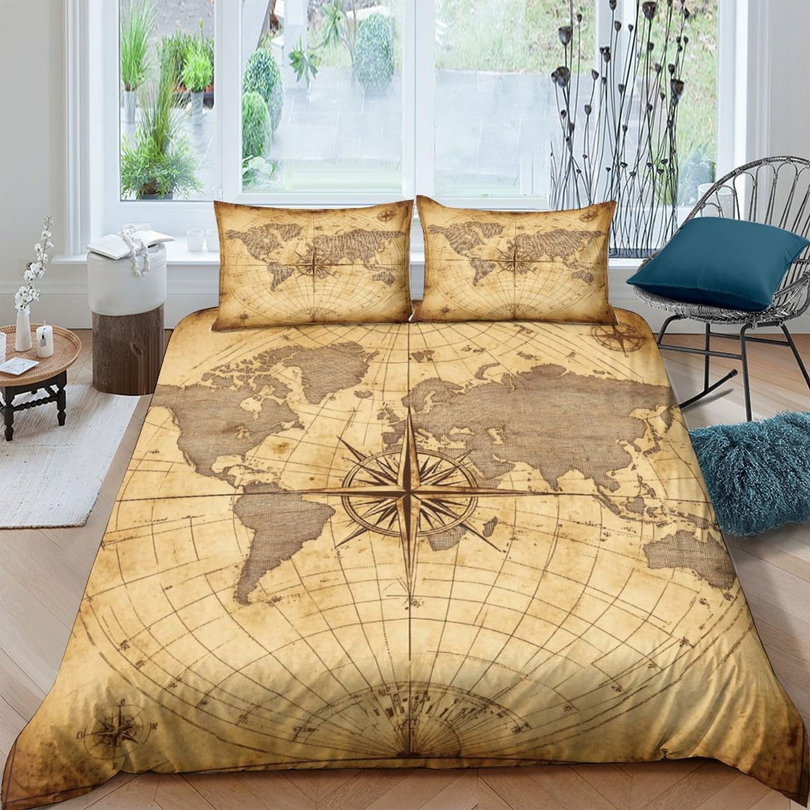 Ctjqhvkz Style-3 3D Printed Vintage World Map Fitted Sheet Microfiber Soft Anti-Slip Brown Old Atlas Bed Cover For Bedroom Guest Room Decor Single（135X200cm）