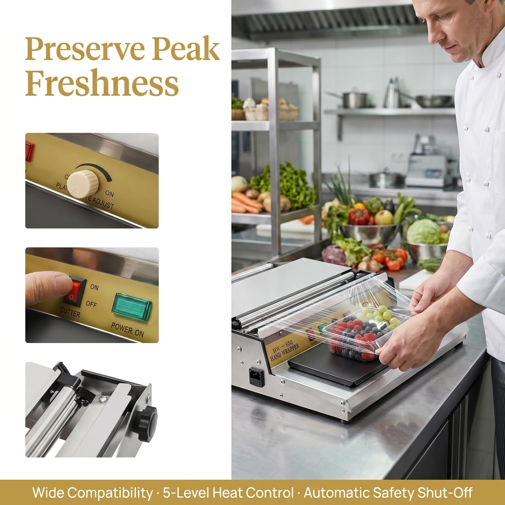 Confezionatrice Manuale in Acciaio Inox per Pellicola Trasparente, Ideale per Alimenti, Supermercati, Pescherie E Fruttivendoli: Una Soluzione Efficiente per Garantire Freschezza E qualità.