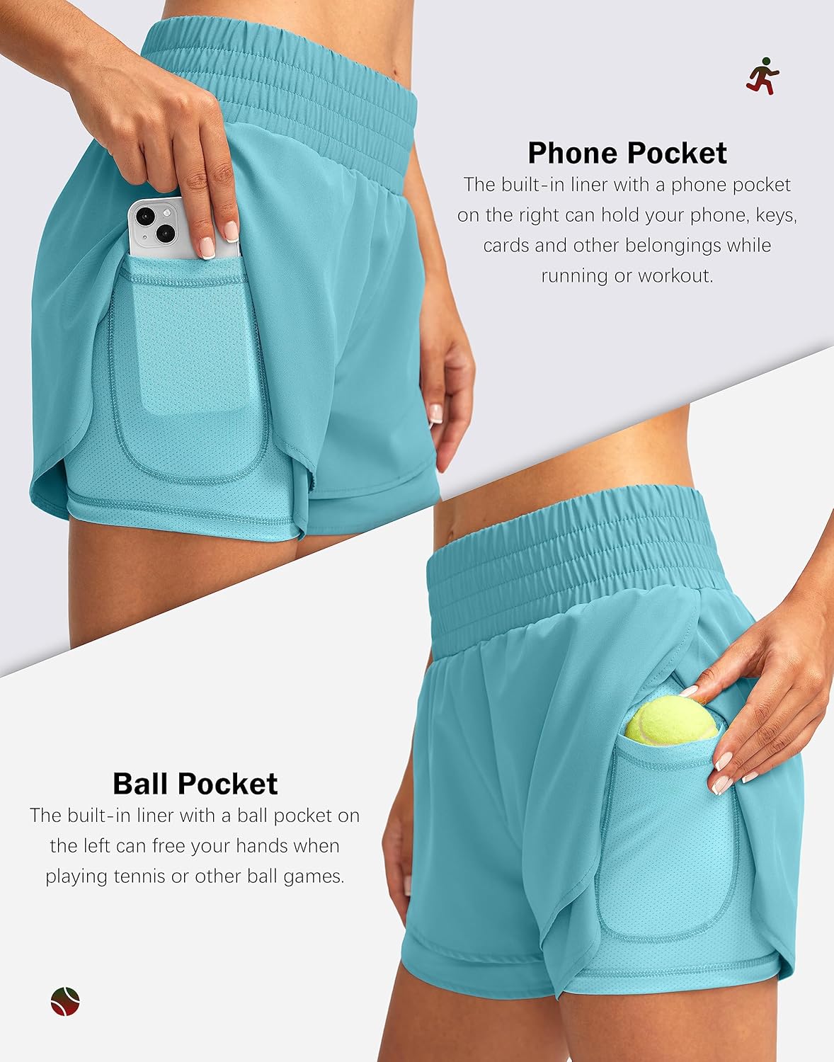 Soothfeel Women's 2 in 1 Running Shorts High Waisted Athletic Shorts Exercise Gym Workout Shorts for Women with Pockets - Image 4