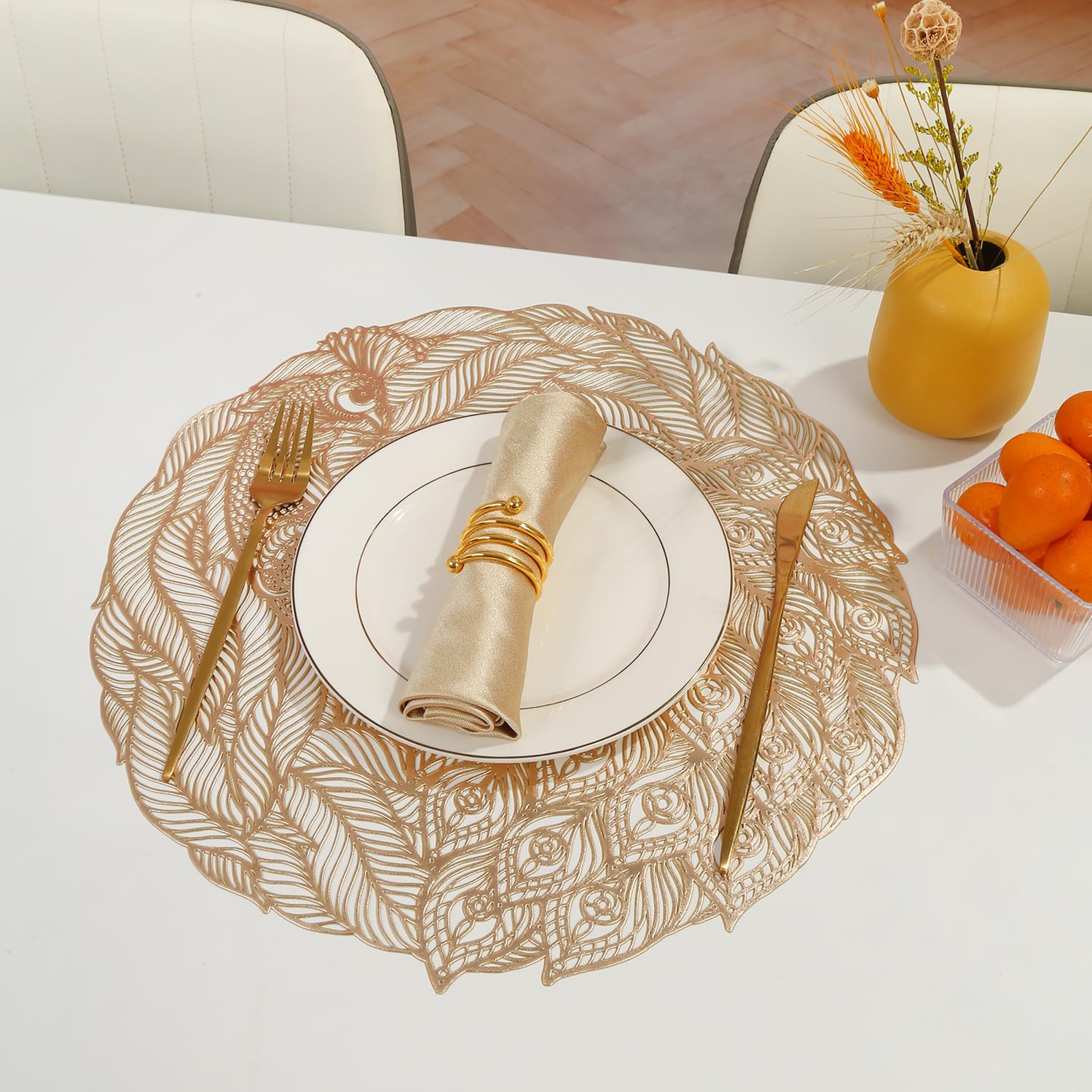 Salvamanteles Lavables, Juego de 4 Manteles Individuales Navideños Lavables de PVC con Diseño de Pavo Real y Filigrana Resistentes al Calor de Lujo Posavasos Tapete Decorativo para Cuencos