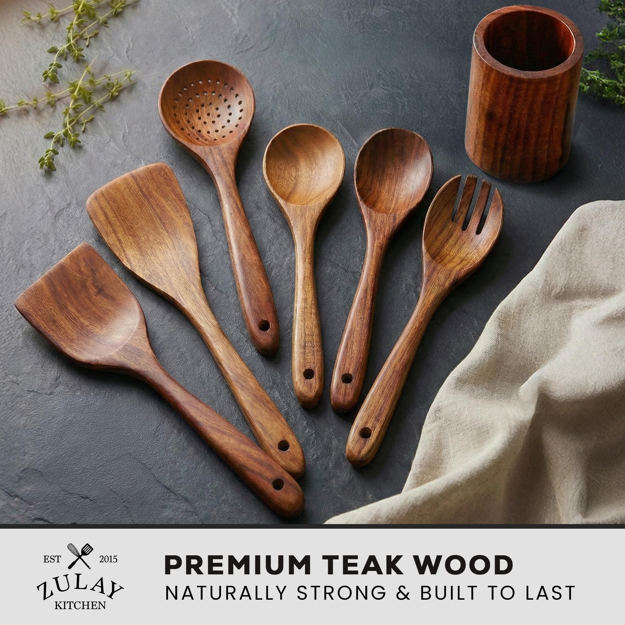 Zulay Kitchen 7 cucharas de madera de alta calidad para cocinar, utensilios de madera de teca con acabado suave para cocinar, madera de teca natural con acabado suave, utensilios de cocina de madera