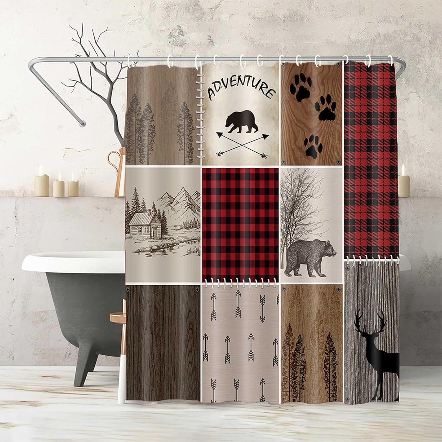 Rustic Cabin Bear Deer Shower Curtain, Country Red Plaid Shower Curtain Set for Bathroom, Farmhouse Forest Nature Fabric Shower Curtain Restroom Bathtub Decor Accessories with Hooks 69X 84 inch