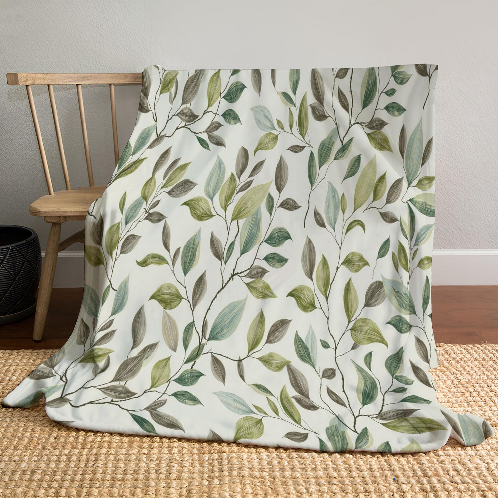 Manta Verde Claro - Manta con Estampado Hojas Y Ramas De Eucalipto Acogedora, Mantas Plantas Naturales Y Elegantes Franela Ligera Suave, para niñas niños Adultos Cama sofá 180x200 cm