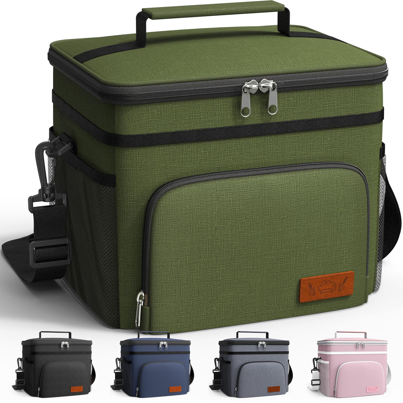 HOTOR Insulated Lunch Bags for Men & Women - Leak-Proof Cooler Lunch Bag with 4 Pockets, Adjustable Strap, Ideal for Work, Picnic, Travel, 9L, Army Green, 26 x 22 x 17 cm
