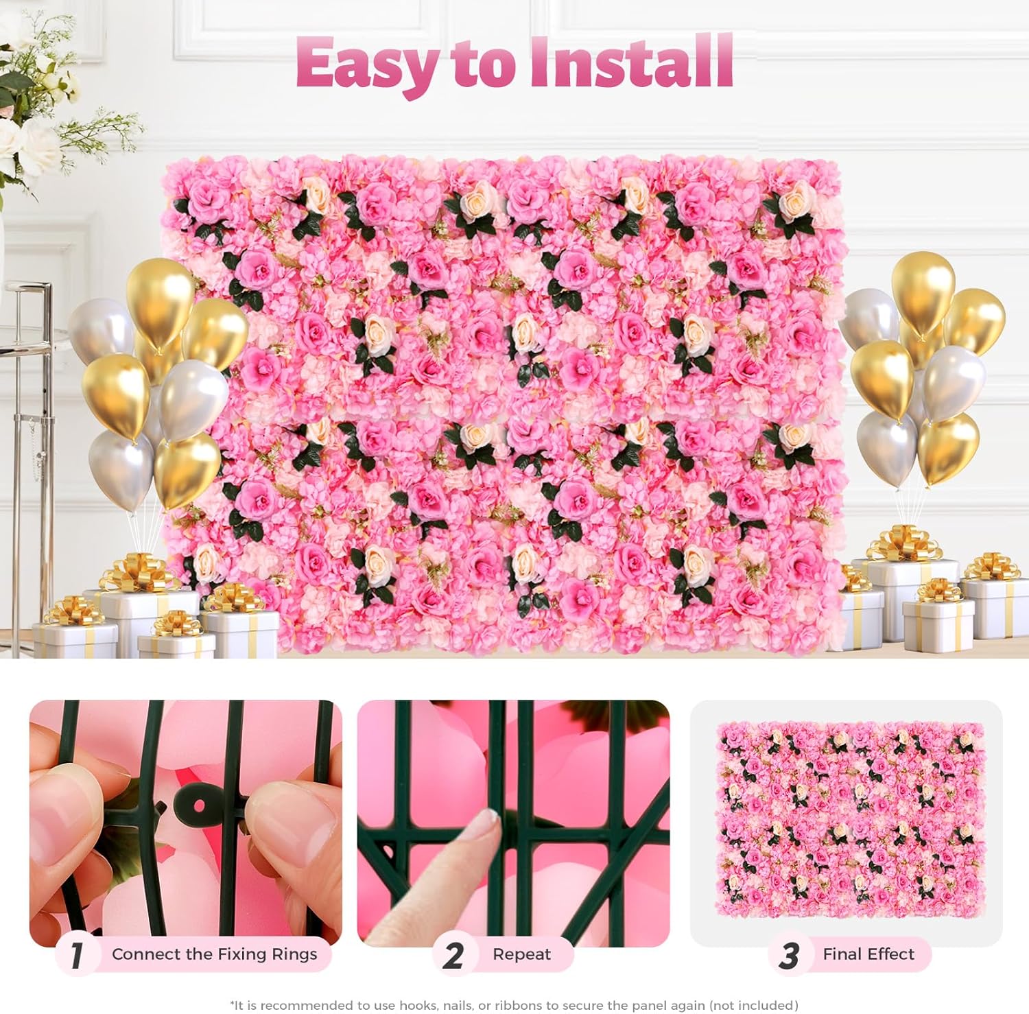 12 Pcs Artificial Flower Wall Panels, 24"x16" 3D Pink Silk Dahlia Hydrangea Rose Flowers Wall Backdrop Artificial Silk Fabric Flower Banquet Wedding Party Decor for Stage Background (Type 2)