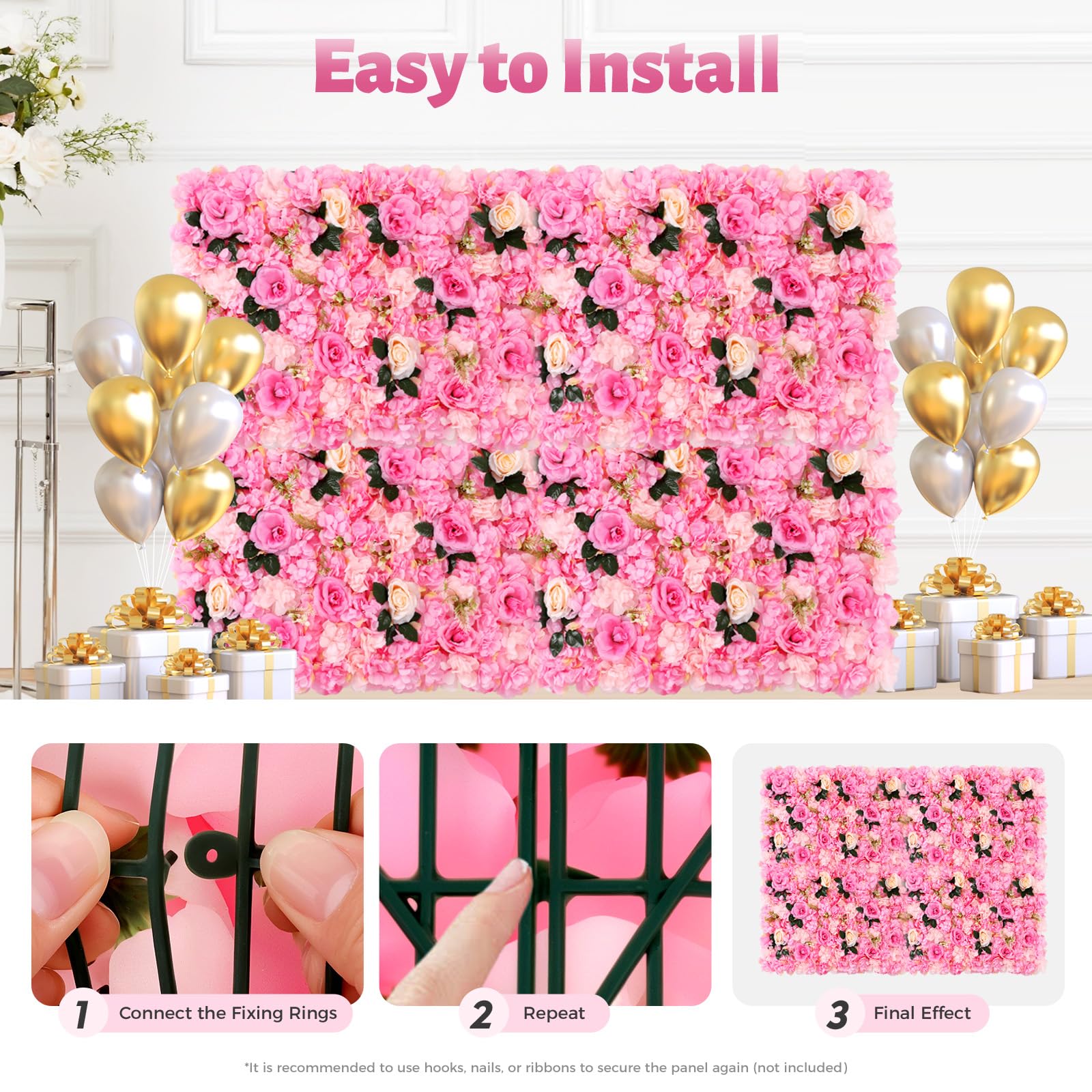Ściana z Sztucznymi Kwiatami - Sztukateria z 12 Sztuk Sztucznych Róż - 12 Sztuk Dekoracyjnych Róż na Ścianę 40cm x 60cm - Sztukateria z Jedwabnych Sztucznych Róż