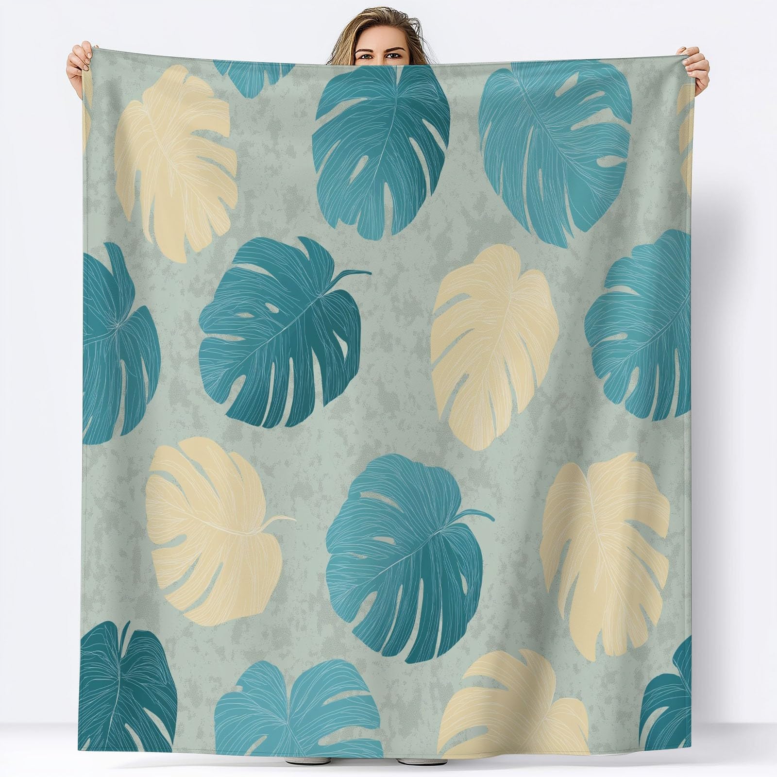 Vintage Monstera Flanelowy Koc Polarowy Liść Tekstura Krata, Narzuta na sofę Wygodny Dwuosobowy Koc na łóżko Zimowy pled 220 x 240 cm Kremowy