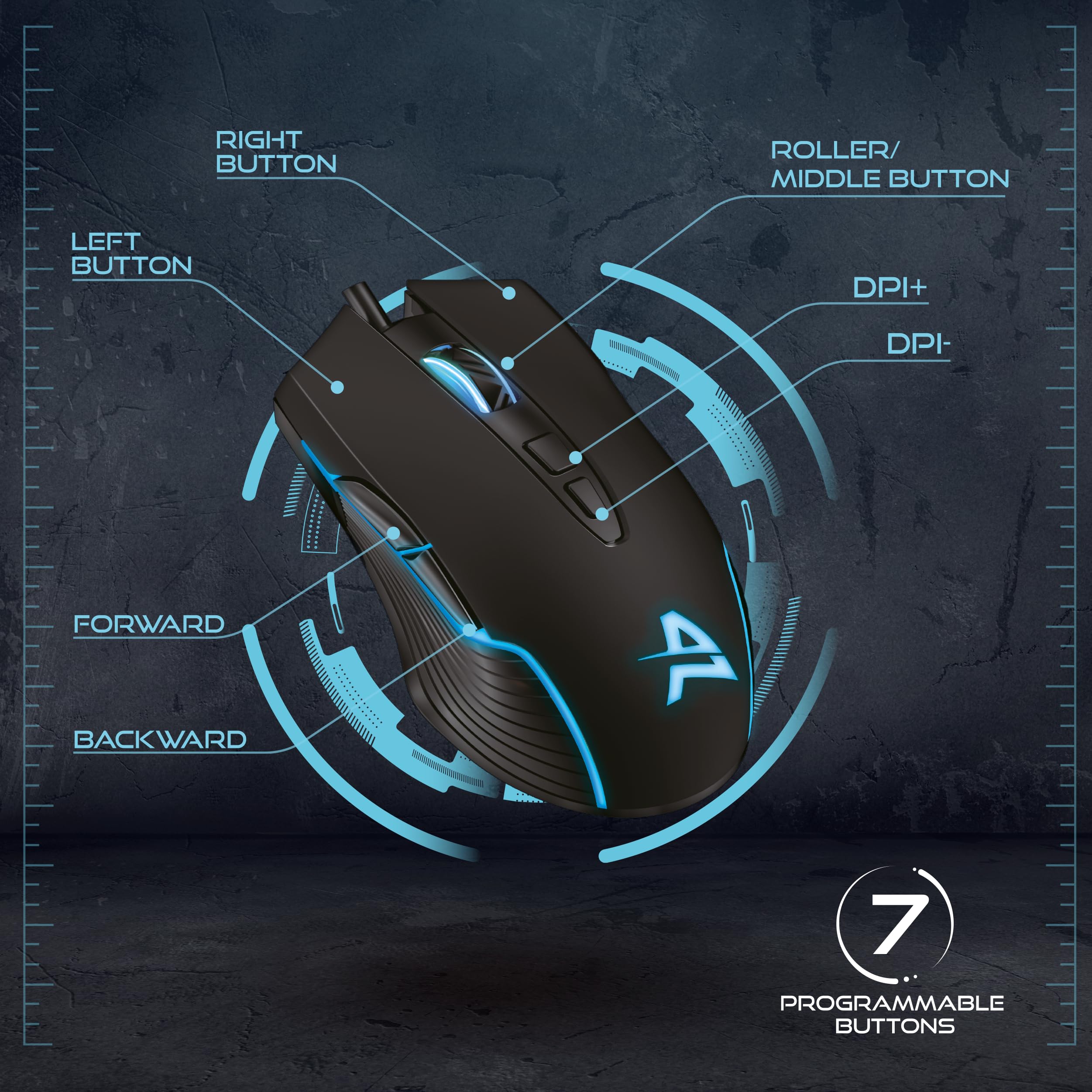 Aimzone - Ratón para juegos con cable LED, ratones con cable, DPI ajustable hasta 6400, ergonómico, 7 botones programables, totalmente compatible, ratón negro para jugadores con luz