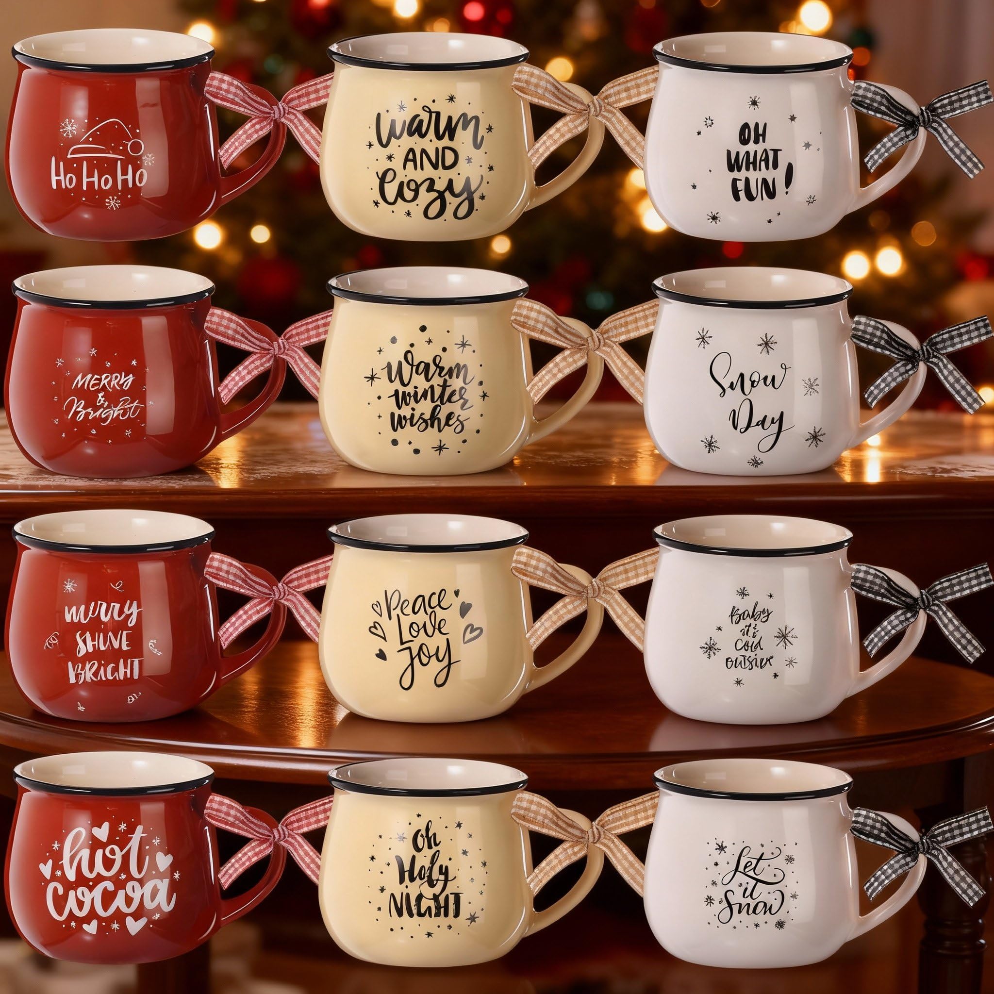 Weihnachts-Kaffeetassen, 12er-Set, 340 ml, heiße Kakao-Keramik-Tassen, Weihnachtsgeschenk-Set für Mutter, Frau, Familie, Freund, Weihnachten, Bauernhaus, abgestuftes Tablett, Dekoration,