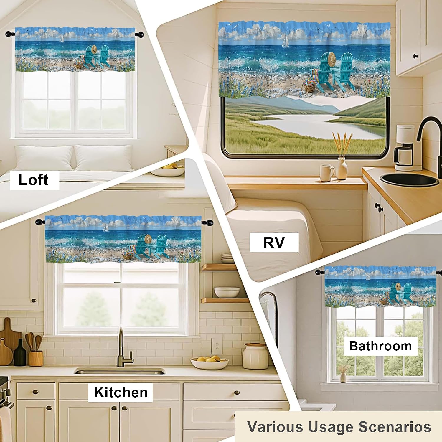 Beach Ocean Valance Curtains,Rod Pocket Small Valance Window Treatment for Kitchen,Bedroom Living Room,Bathroom,RV Bunk,Home Decor,Privacy Added,18x54 in,1 Panel,Coastal Seaside Seascape