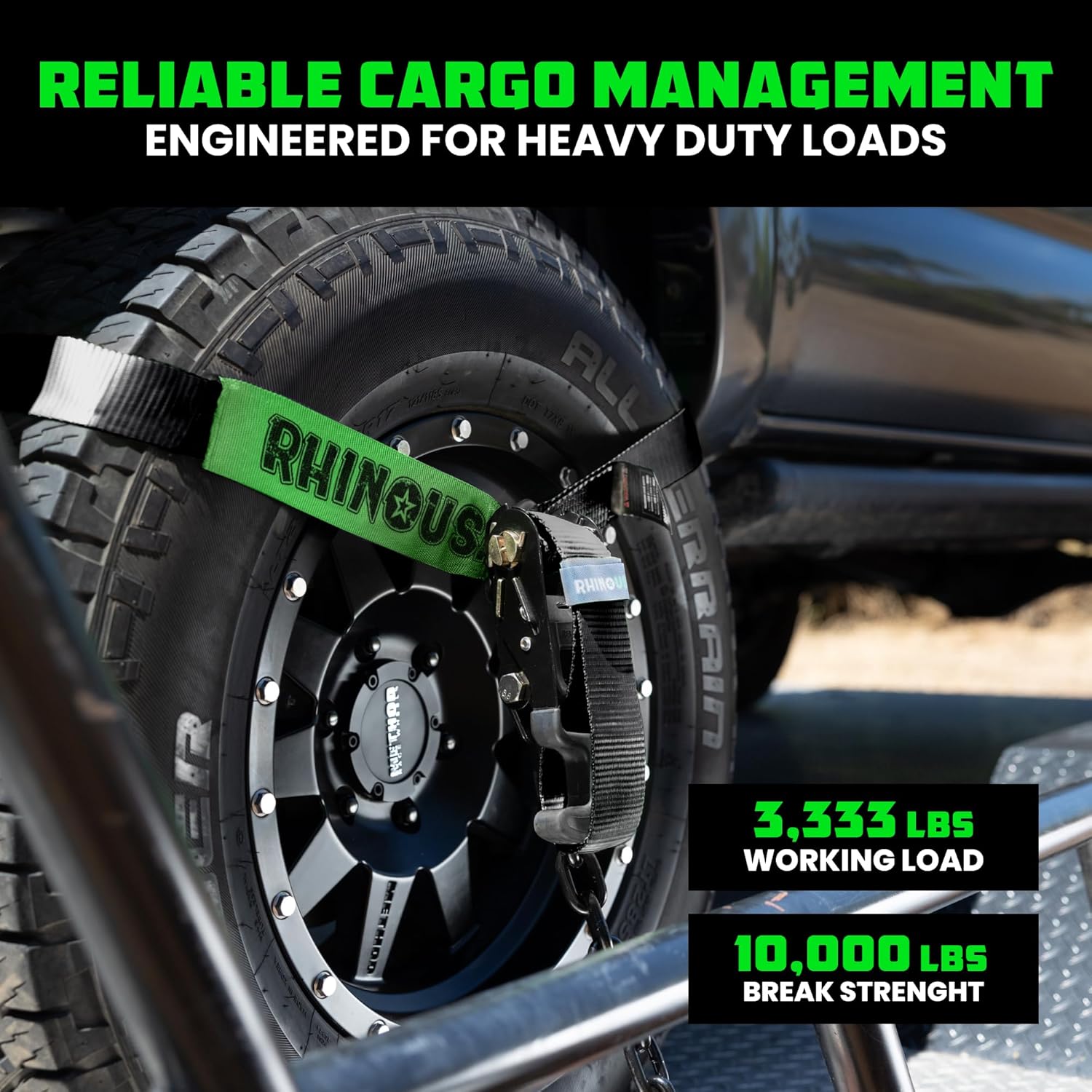 Rhino USA Car Tie Down Straps with J Hooks – 4 Pack 2" x8' – 10,000lbs Break Strength – Heavy Duty T-Handle Car Hauler Tire Lasso Wheel Straps for Trailers, UTV & Powersports – Black