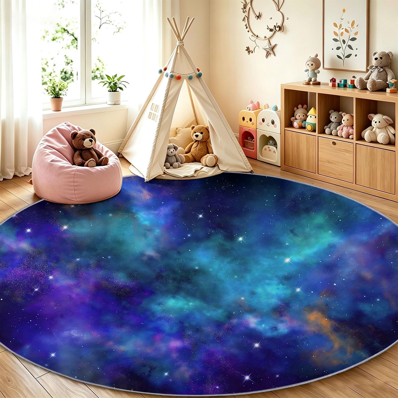 Fantasy - Alfombra redonda antideslizante lavable para salón, color azul