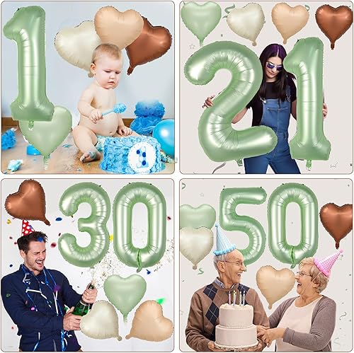 Miniatura 7 de Biapian Globos de 40 pulgadas color verde salvia con el número 60, globos grandes de aluminio con el número 6 y 0 con globo de corazón verde oliva