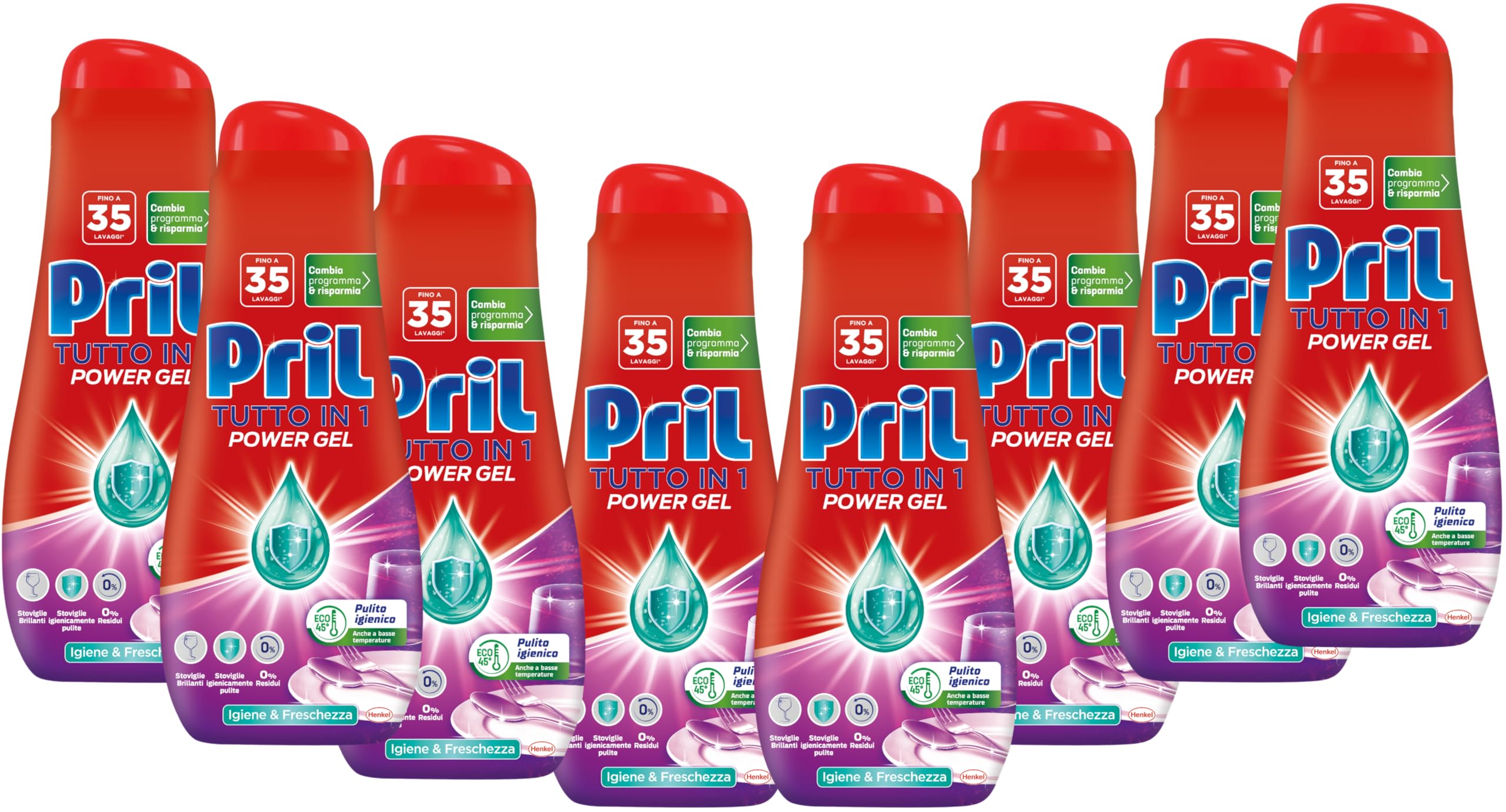 Pril Gel All In One Limone & Lime, Detersivo Lavastoviglie Liquido Multi-Azione Sporco Difficile, 8 Confezioni da 35 Lavaggi