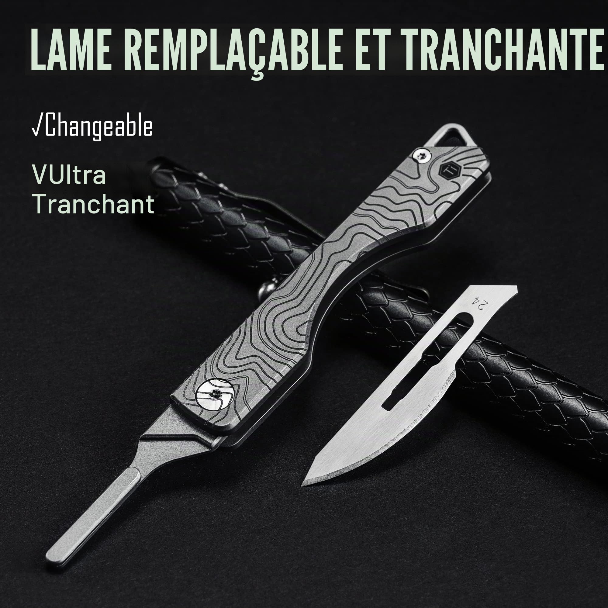 KeyUnity KK01 Couteau pliant en titane, couteau de poche EDC utilitaire avec lame interchangeable #24, pour la le camping, la pêche, la randonnée (Modèle Suminagashi)