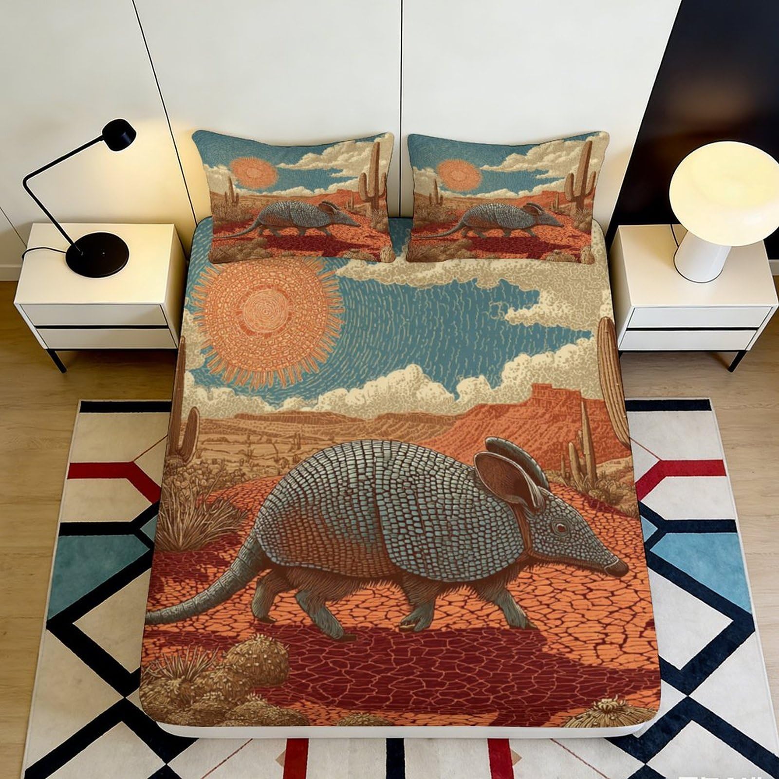3D Printed Armadillo Desert Fitted Sheet Microfiber Anti-Slip Sun Landscape Bed Cover for Bedroom Dorm Mattress Protection 120x200x25cm