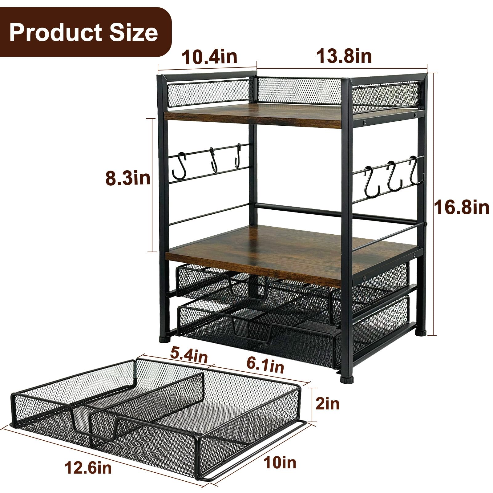 Organizador de estación de café para encimera, organizador de cápsulas de café de 2 niveles con capacidad para hasta 60 K, estación matcha, soporte para tazas con 6 ganchos, estante multifuncional 2
