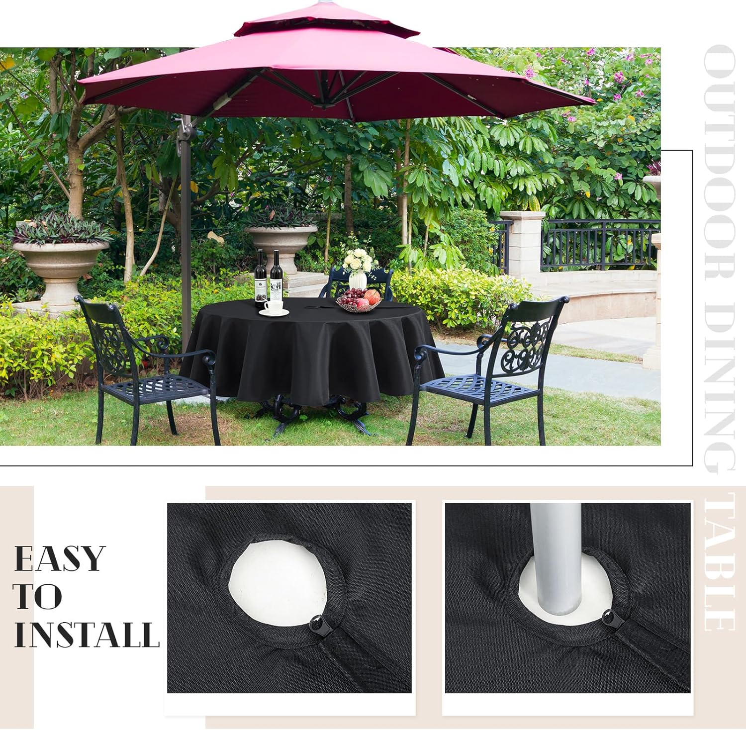 Juexica 2 Pack 60 Inch Round Outdoor Tablecloth with Umbrella Hole and Zipper Washable Waterproof Wrinkle Free Table Cloth Summer Polyester Fabric Table Cover for Picnic, Party, Patio, BBQ (Black)