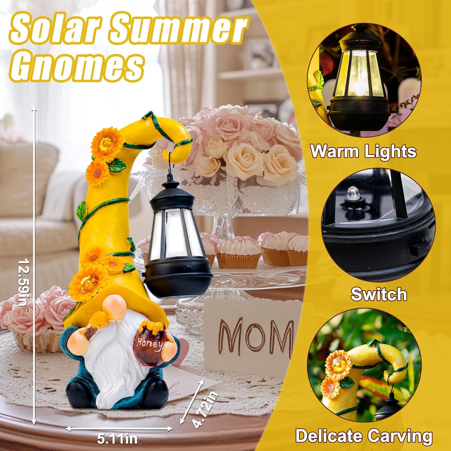 Mom Birthday Gifts-Garden Gnome Statue with Solar Lights Large Garden Sculptures Funny Triple Gnome Outdoor Patio Lawn Yard Garden Decor Gifts for Women Mom 12 in Spring Gnomes Outdoor - Image 4