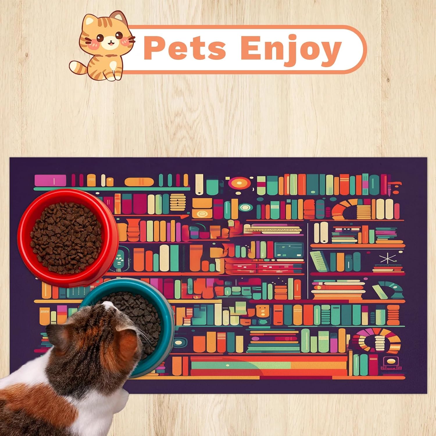 Hexteria Colorful Bookshelf Print Dog Food Mat Absorbent Quick Dry Pet Feeding Mat for Food and Water Bowl Non Slip Placemat for Dogs Cat, Easy to Clean,24 x 32 in